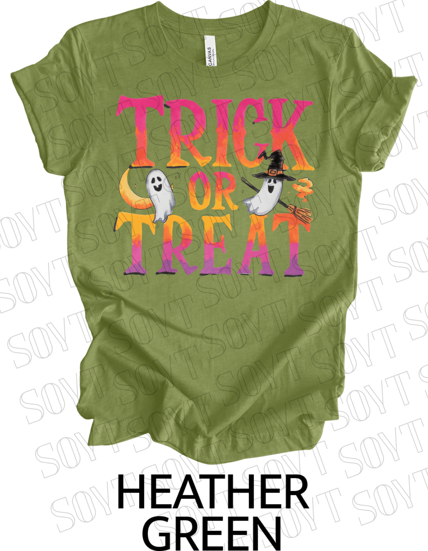 Trick or Treat Ghost T-Shirt – Cute Halloween Ghost with Candy Bag Graphic Tee - Festive Apparel StoreHeather Green