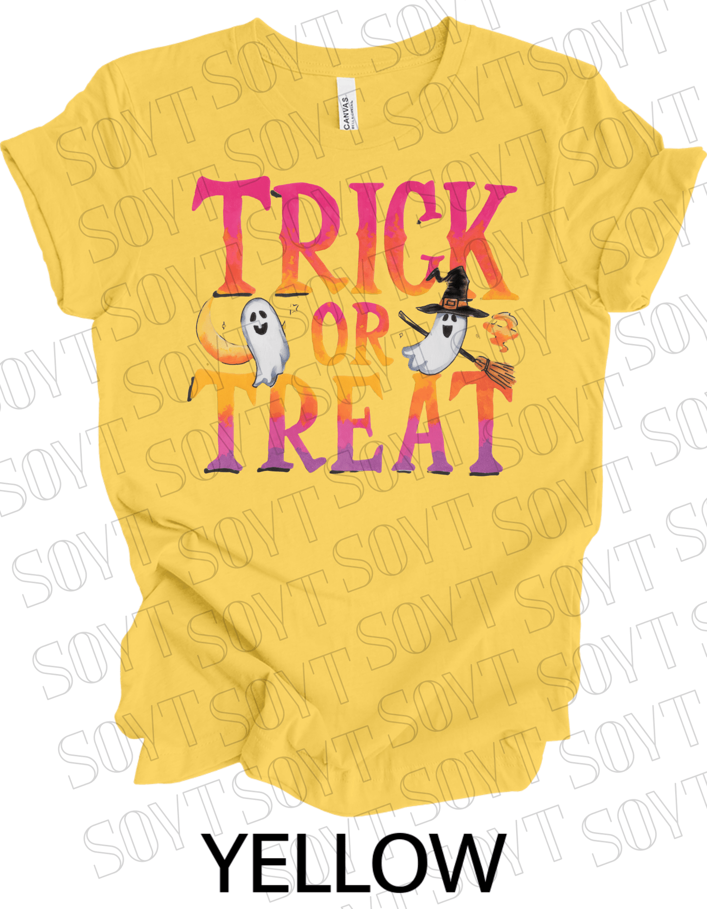 Trick or Treat Ghost T-Shirt – Cute Halloween Ghost with Candy Bag Graphic Tee - Festive Apparel StoreYellow