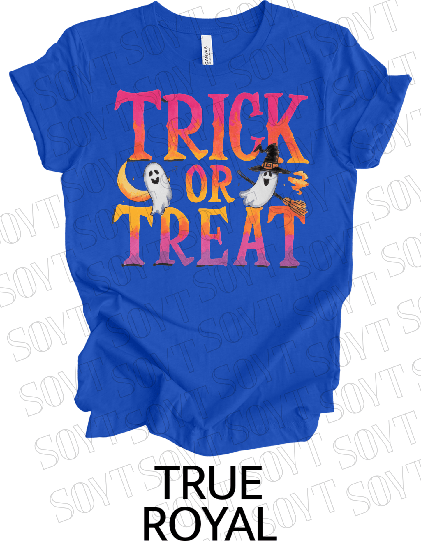 Trick or Treat Ghost T-Shirt – Cute Halloween Ghost with Candy Bag Graphic Tee - Festive Apparel StoreRoyal Blue