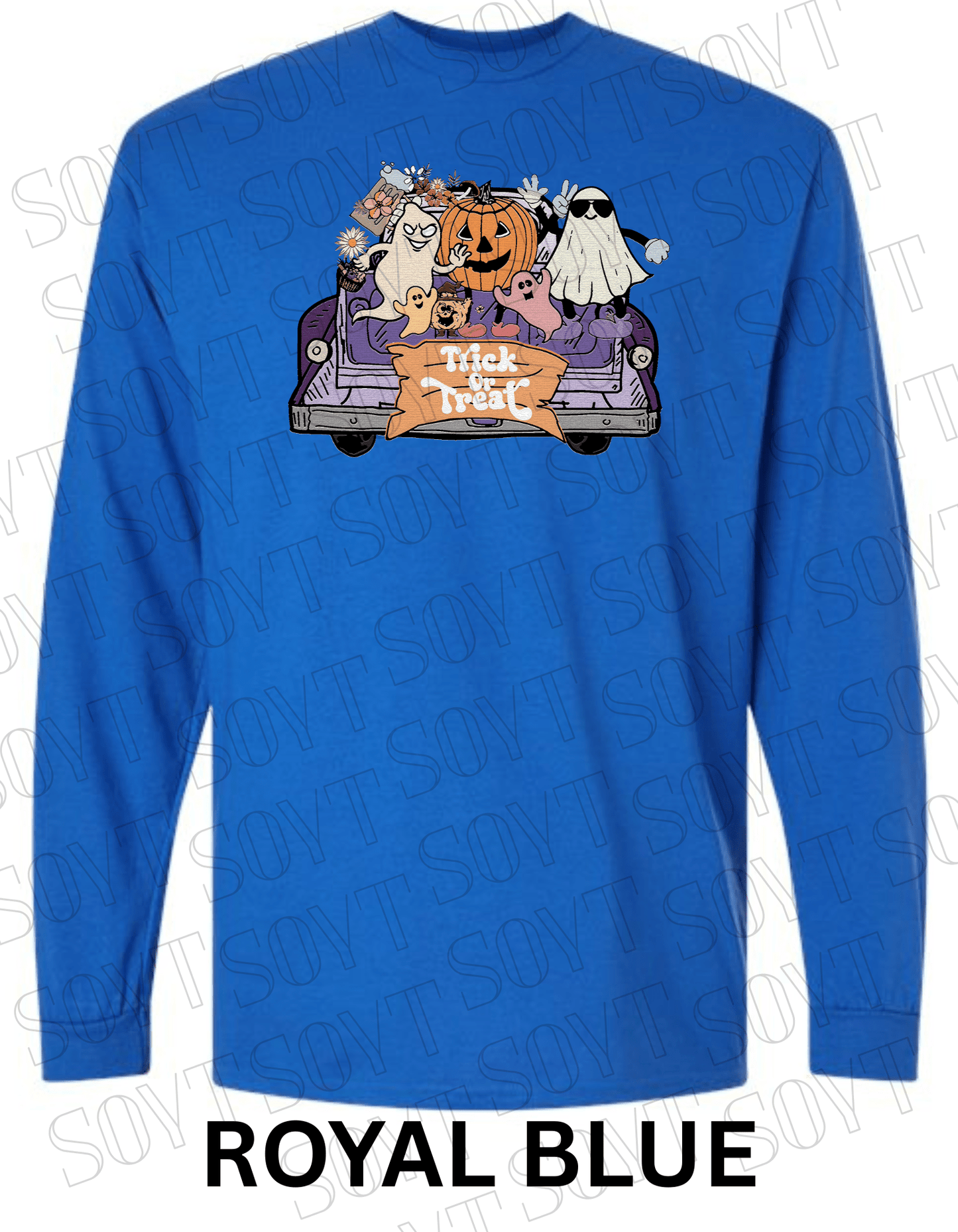Trick or Treat Halloween Long Sleeve – Cute Ghosts, Pumpkin & Fall Truck Graphic Tee - Festive Apparel StoreRoyal Blue