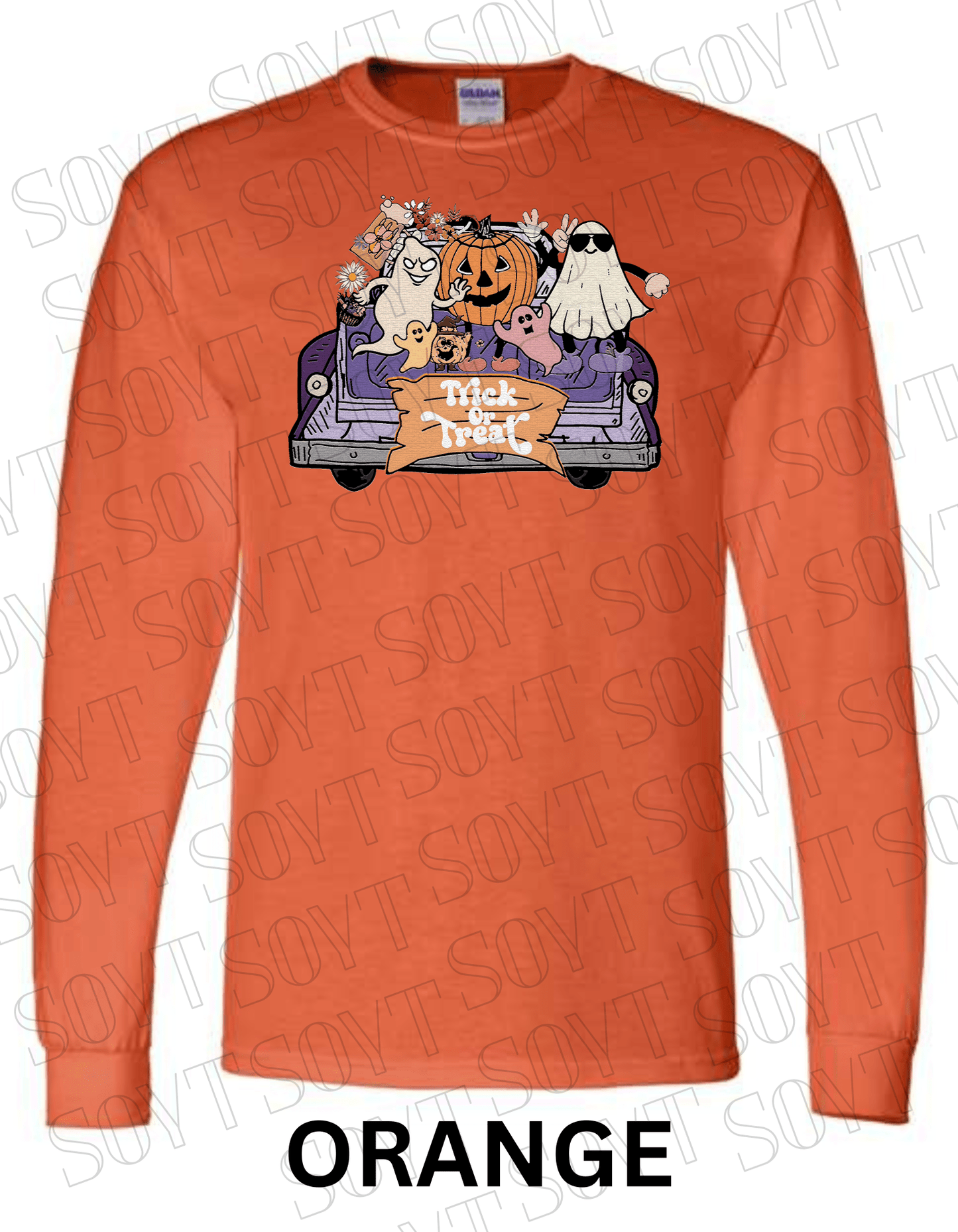 Trick or Treat Halloween Long Sleeve – Cute Ghosts, Pumpkin & Fall Truck Graphic Tee - Festive Apparel StoreOrange