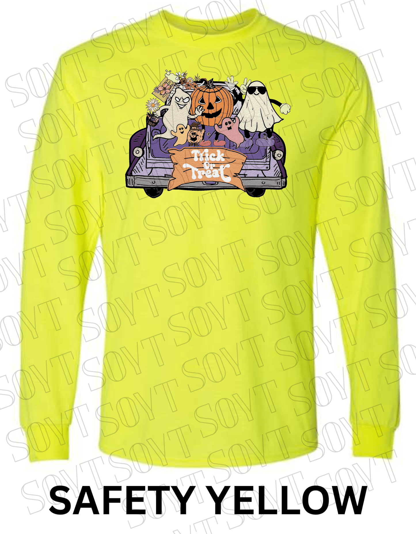 Trick or Treat Halloween Long Sleeve – Cute Ghosts, Pumpkin & Fall Truck Graphic Tee - Festive Apparel StoreSafety Yellow