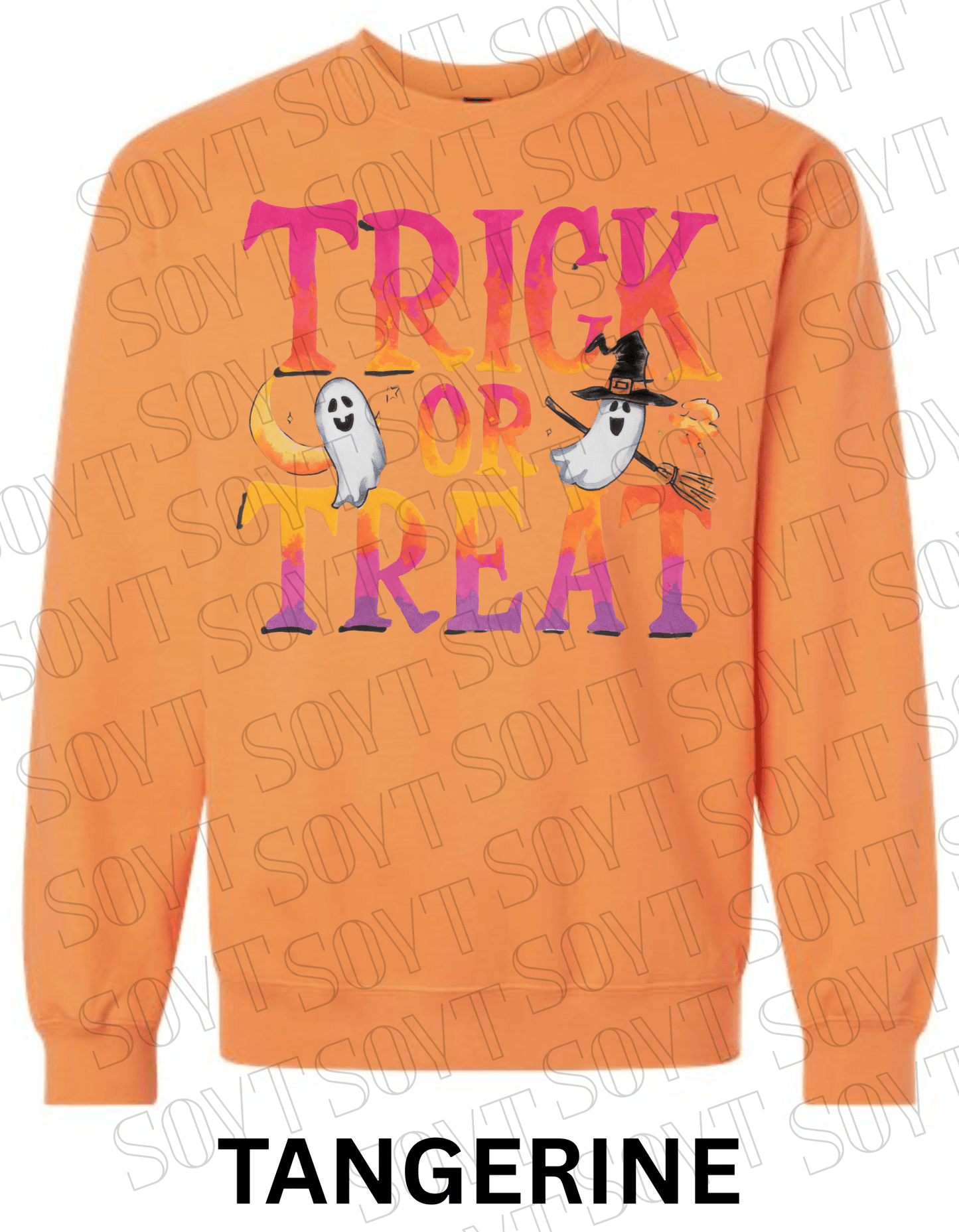 Trick or Treat Halloween Sweatshirt – Colorful Ghosts, Broom & Moon Lettering Fleece Pullover - Festive Apparel StoreTangerine