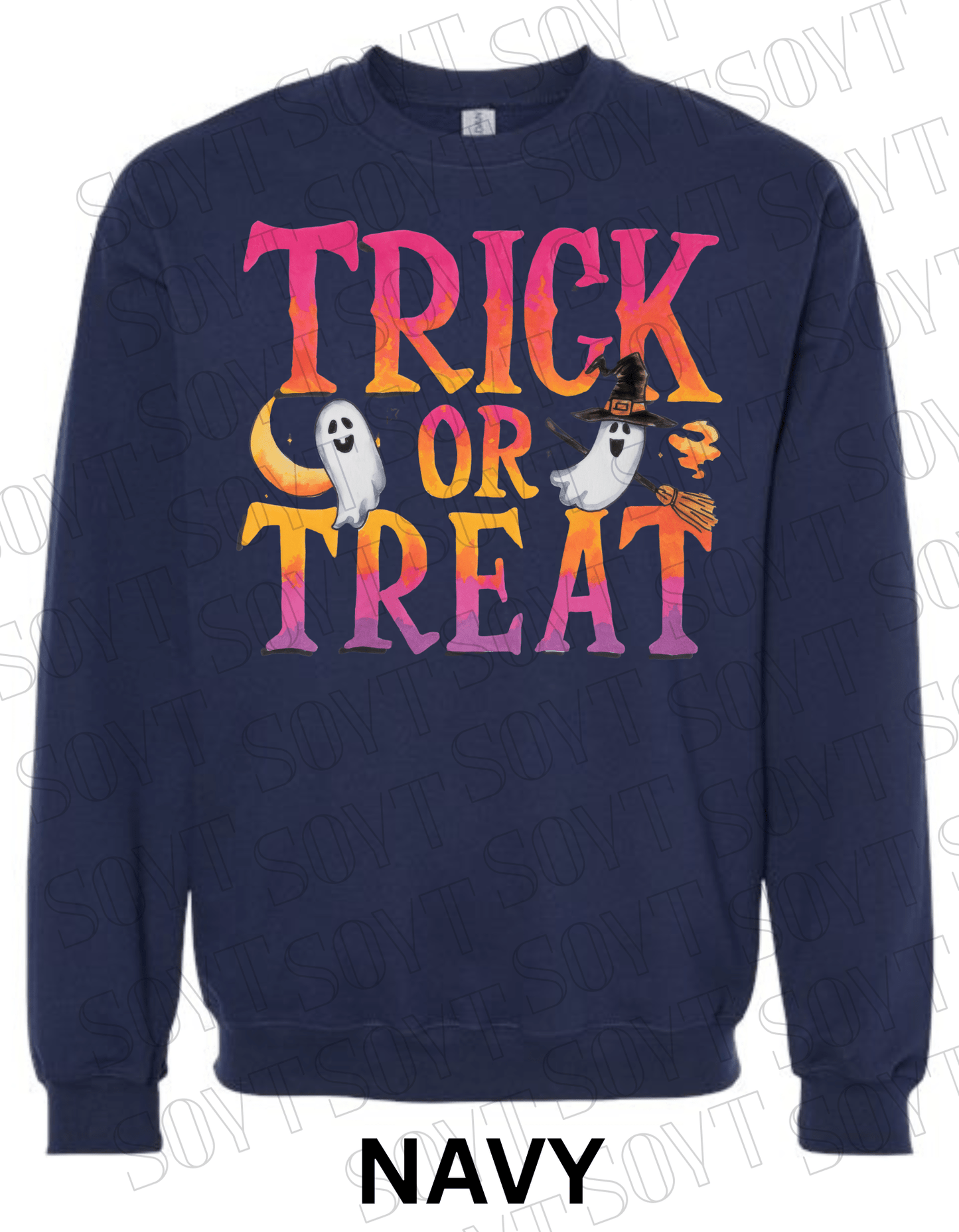Trick or Treat Halloween Sweatshirt – Colorful Ghosts, Broom & Moon Lettering Fleece Pullover - Festive Apparel StoreNavy Blue