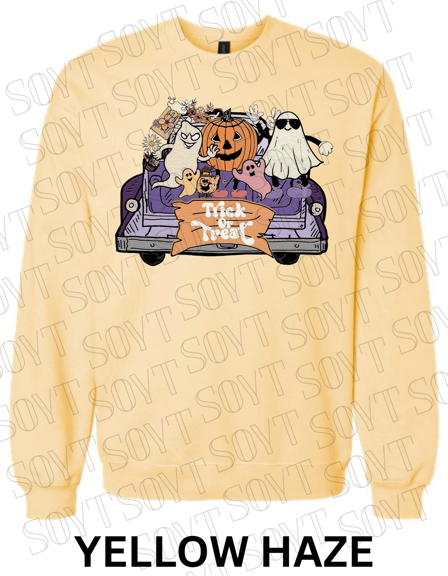 Trick or Treat Halloween Sweatshirt – Cute Ghosts, Pumpkin & Candy Truck Fleece Pullover - Festive Apparel StoreYellow Haze