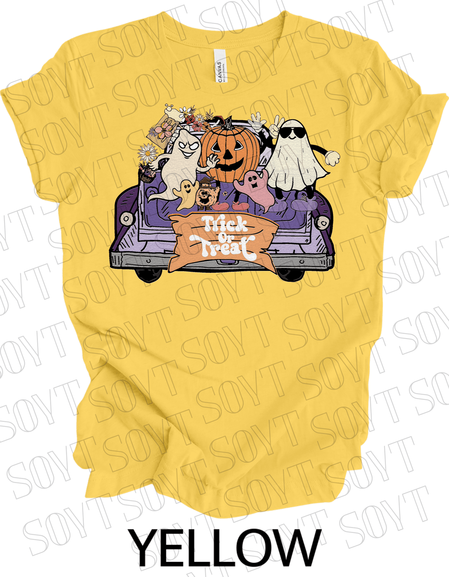 Trick or Treat Halloween T-Shirt – Cute Ghosts, Pumpkin & Fall Truck Graphic Tee - Festive Apparel StoreYellow