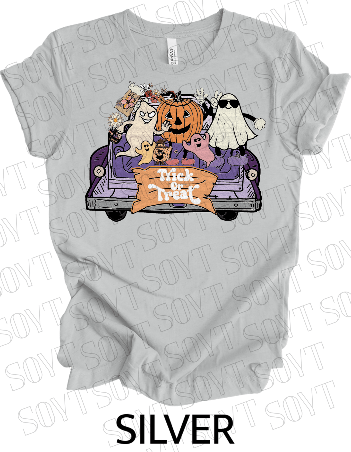 Trick or Treat Halloween T-Shirt – Cute Ghosts, Pumpkin & Fall Truck Graphic Tee - Festive Apparel StoreSilver