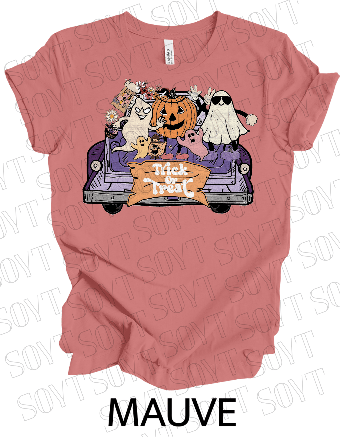 Trick or Treat Halloween T-Shirt – Cute Ghosts, Pumpkin & Fall Truck Graphic Tee - Festive Apparel StoreMauve