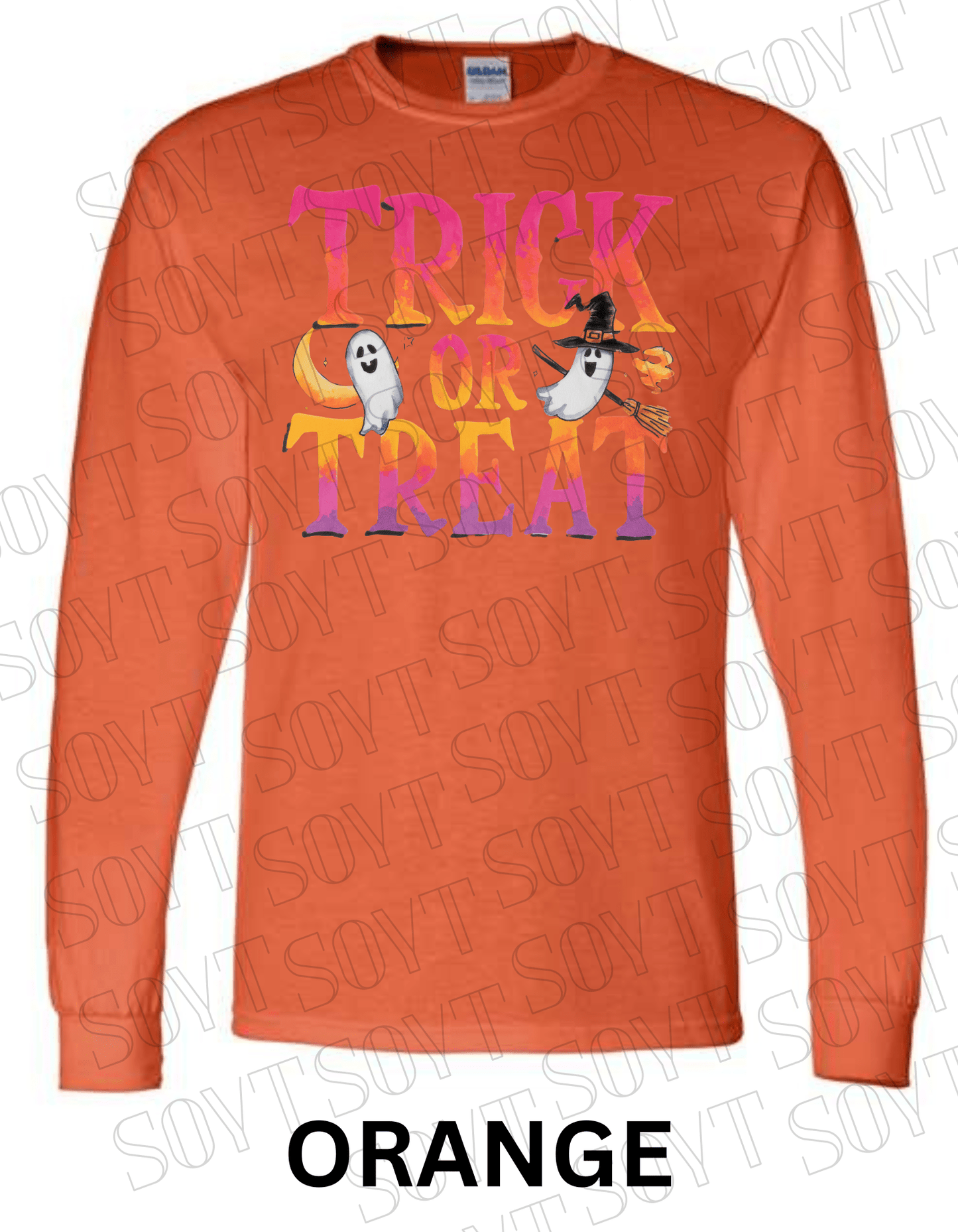 Trick or Treat Long Sleeve Halloween Shirt – Colorful Ghost, Moon & Broom Letter Graphic - Festive Apparel StoreOrange