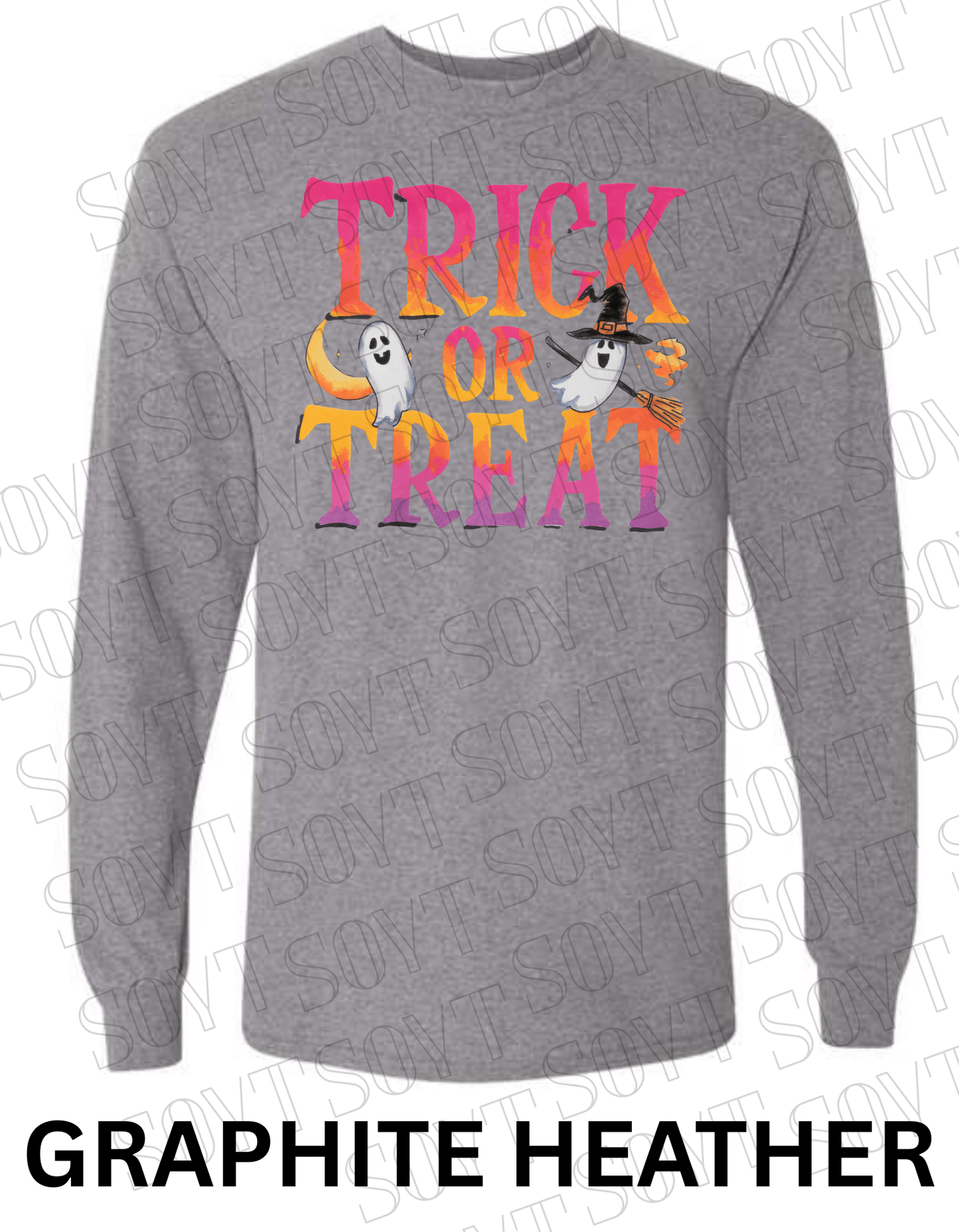 Trick or Treat Long Sleeve Halloween Shirt – Colorful Ghost, Moon & Broom Letter Graphic - Festive Apparel StoreGraphite Heather