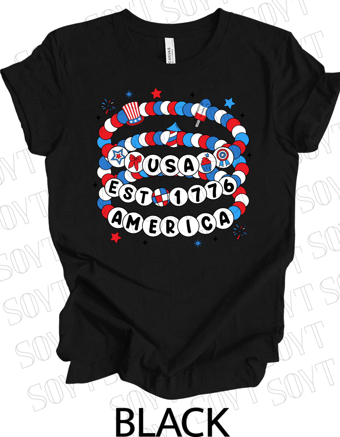 USA Beaded Bracelet Tee – EST 1776 America Graphic Shirt | Patriotic 4th of July Aesthetic - Festive Apparel StoreBlack