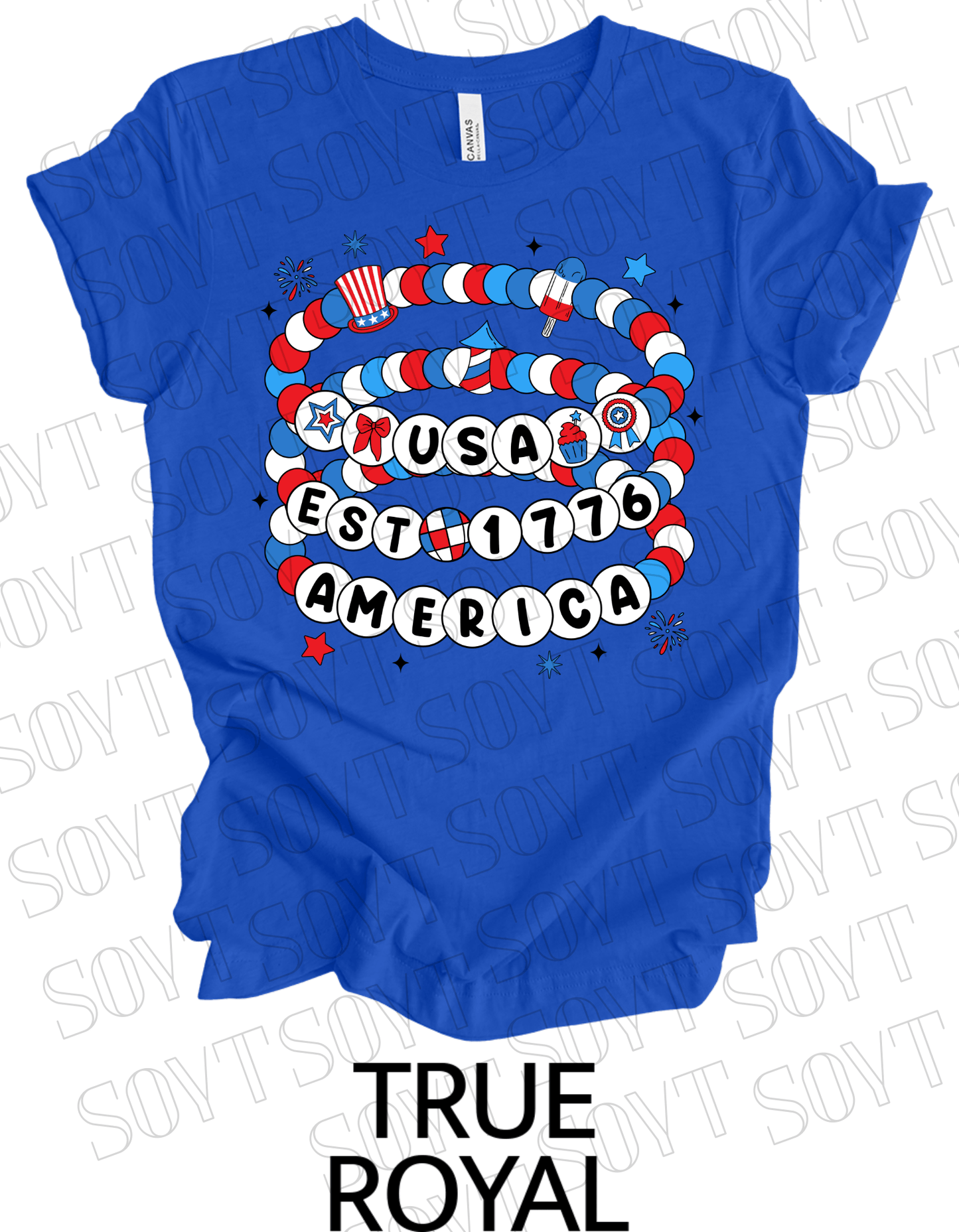 USA Beaded Bracelet Tee – EST 1776 America Graphic Shirt | Patriotic 4th of July Aesthetic - Festive Apparel StoreRoyal Blue