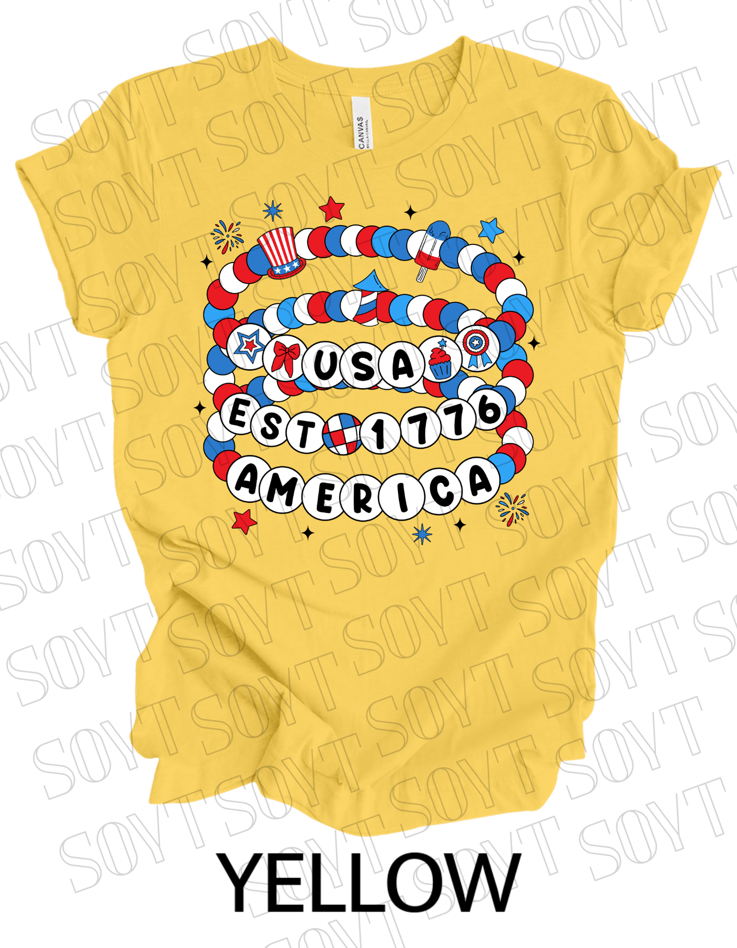 USA Beaded Bracelet Tee – EST 1776 America Graphic Shirt | Patriotic 4th of July Aesthetic - Festive Apparel StoreYellow