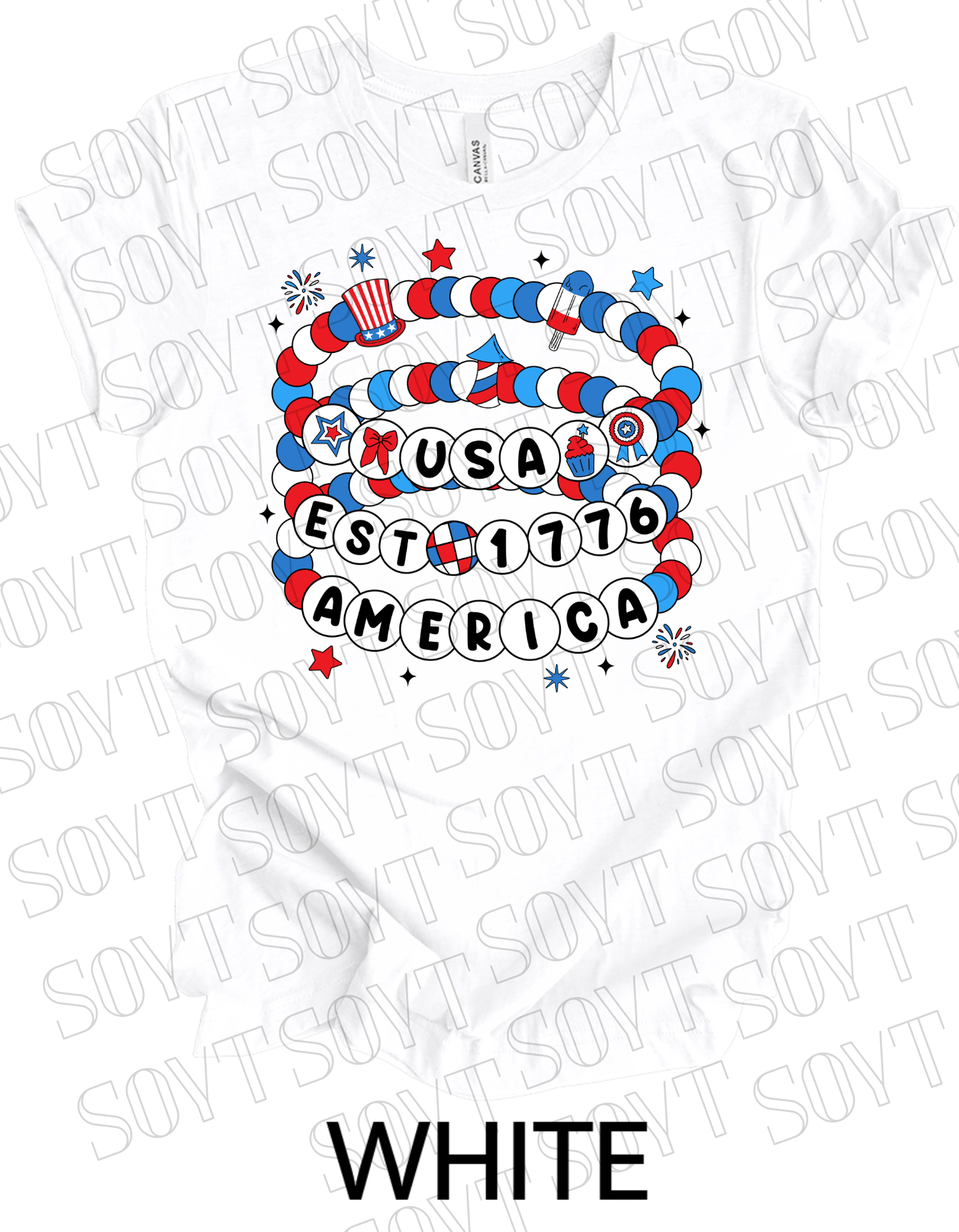 USA Beaded Bracelet Tee – EST 1776 America Graphic Shirt | Patriotic 4th of July Aesthetic - Festive Apparel StoreWhite