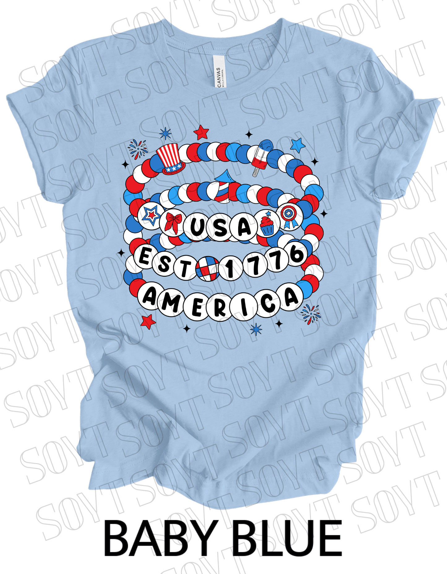 USA Beaded Bracelet Tee – EST 1776 America Graphic Shirt | Patriotic 4th of July Aesthetic - Festive Apparel StoreBaby Blue