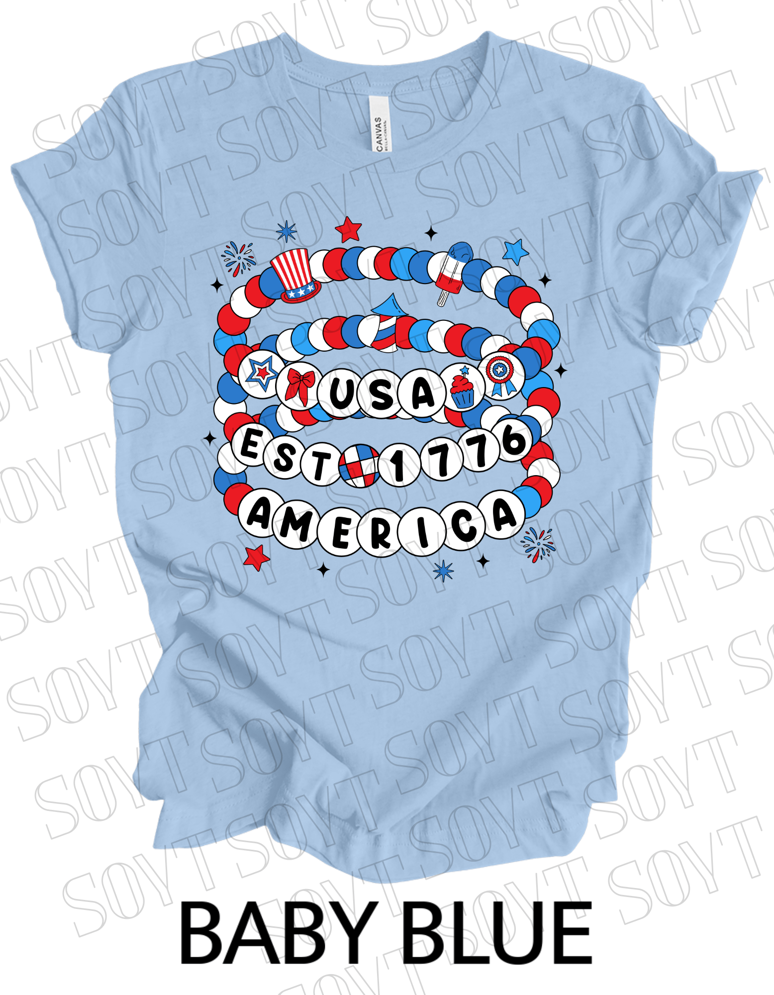 USA Beaded Bracelet Tee – EST 1776 America Graphic Shirt | Patriotic 4th of July Aesthetic - Festive Apparel StoreBaby Blue