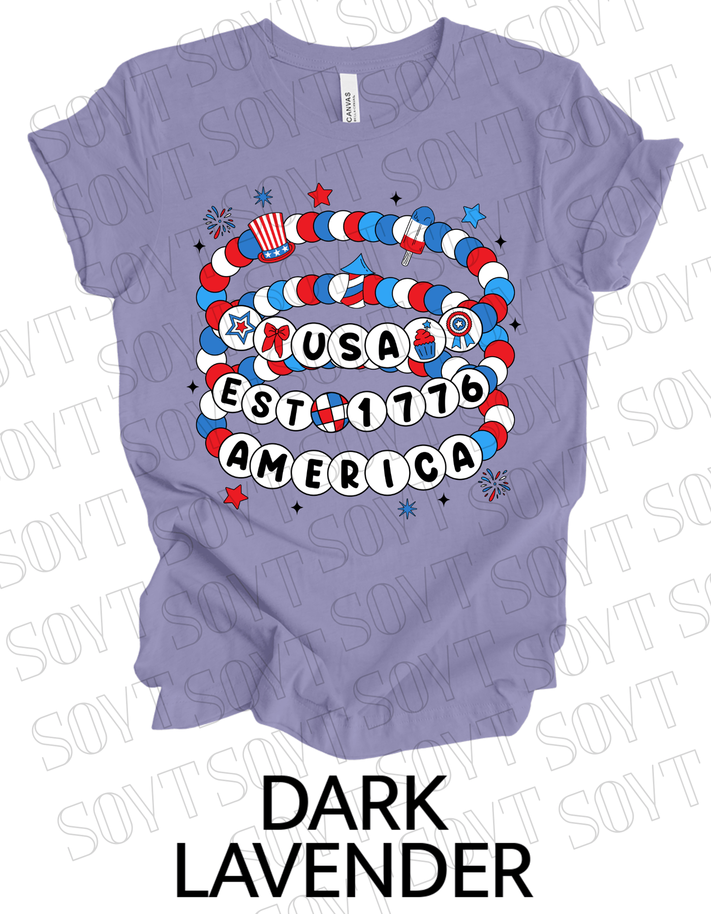 USA Beaded Bracelet Tee – EST 1776 America Graphic Shirt | Patriotic 4th of July Aesthetic - Festive Apparel StoreDark Lavender