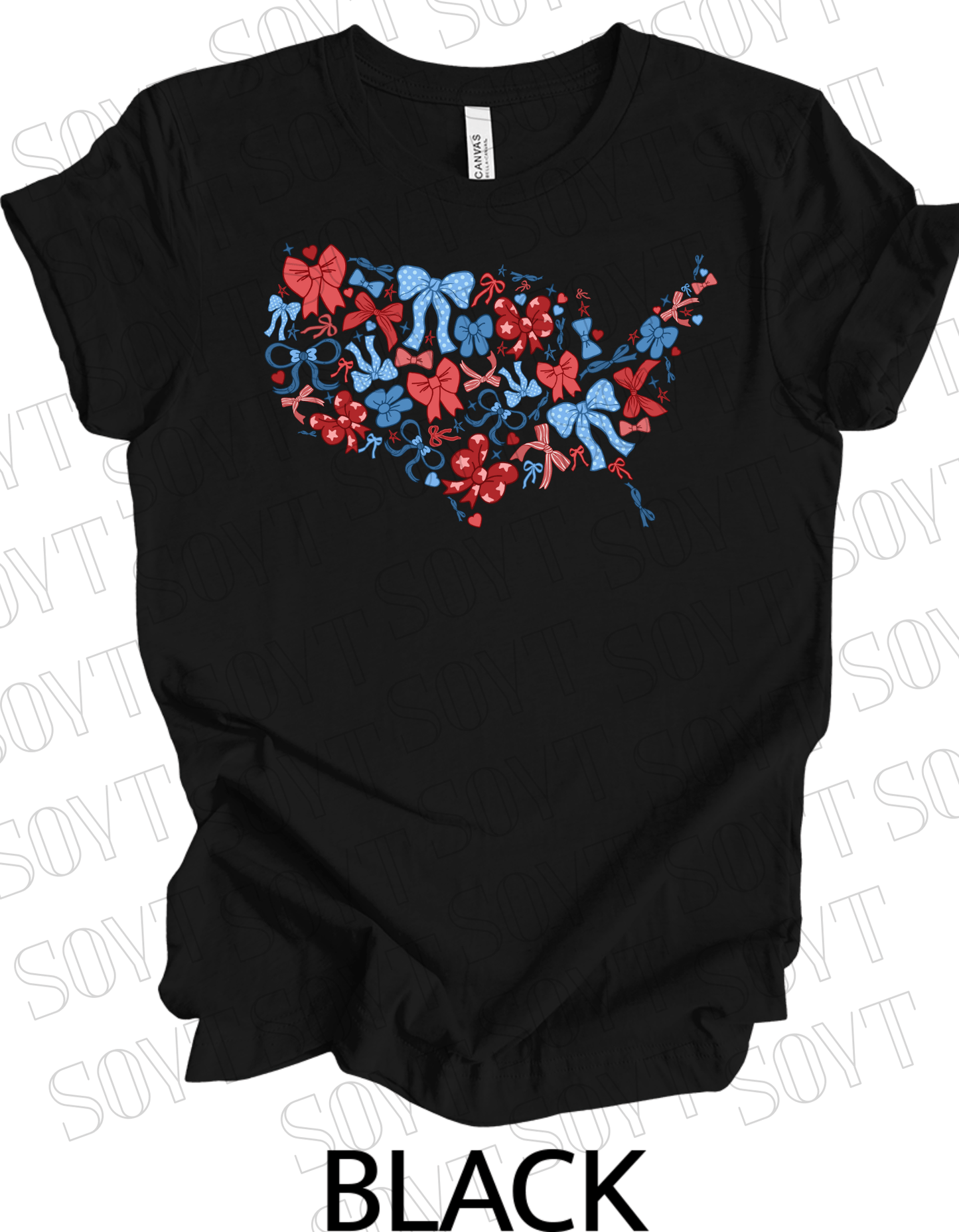 USA Bow Map T-Shirt – Cute Patriotic America Shape Tee with Bows | Made in USA - Festive Apparel StoreBlack
