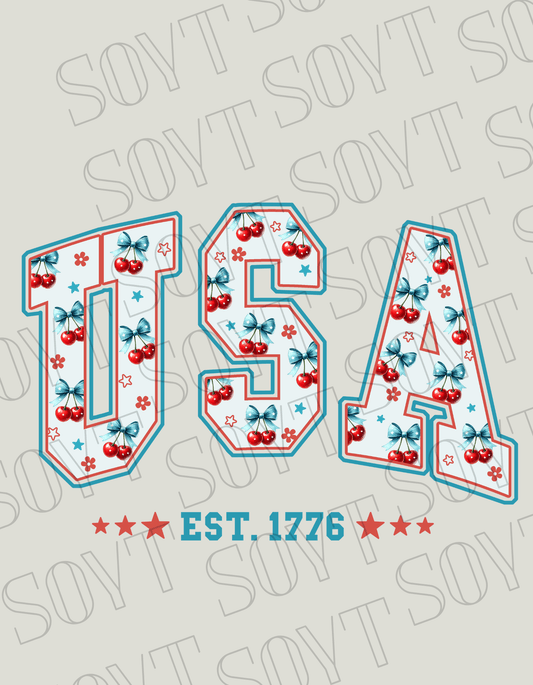 USA Cherry Bow T-Shirt – Bella+Canvas Retro Patriotic Tee - Festive Apparel StoreRed