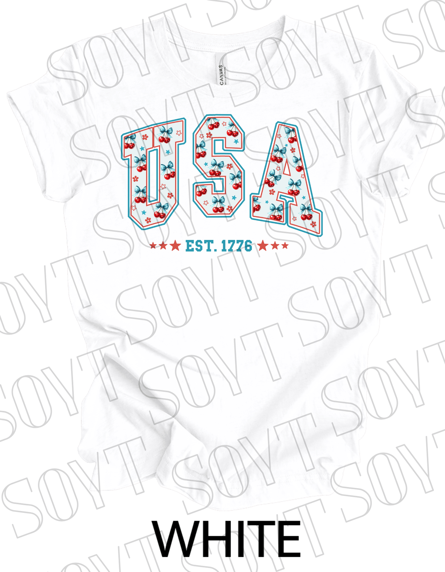 USA Cherry Bow T-Shirt – Bella+Canvas Retro Patriotic Tee - Festive Apparel StoreWhite