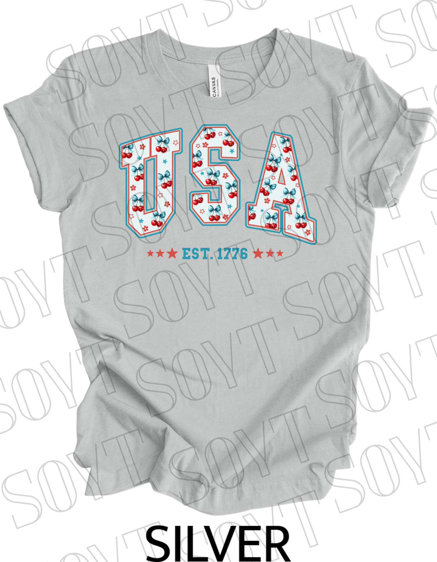 USA Cherry Bow T-Shirt – Bella+Canvas Retro Patriotic Tee - Festive Apparel StoreSilver