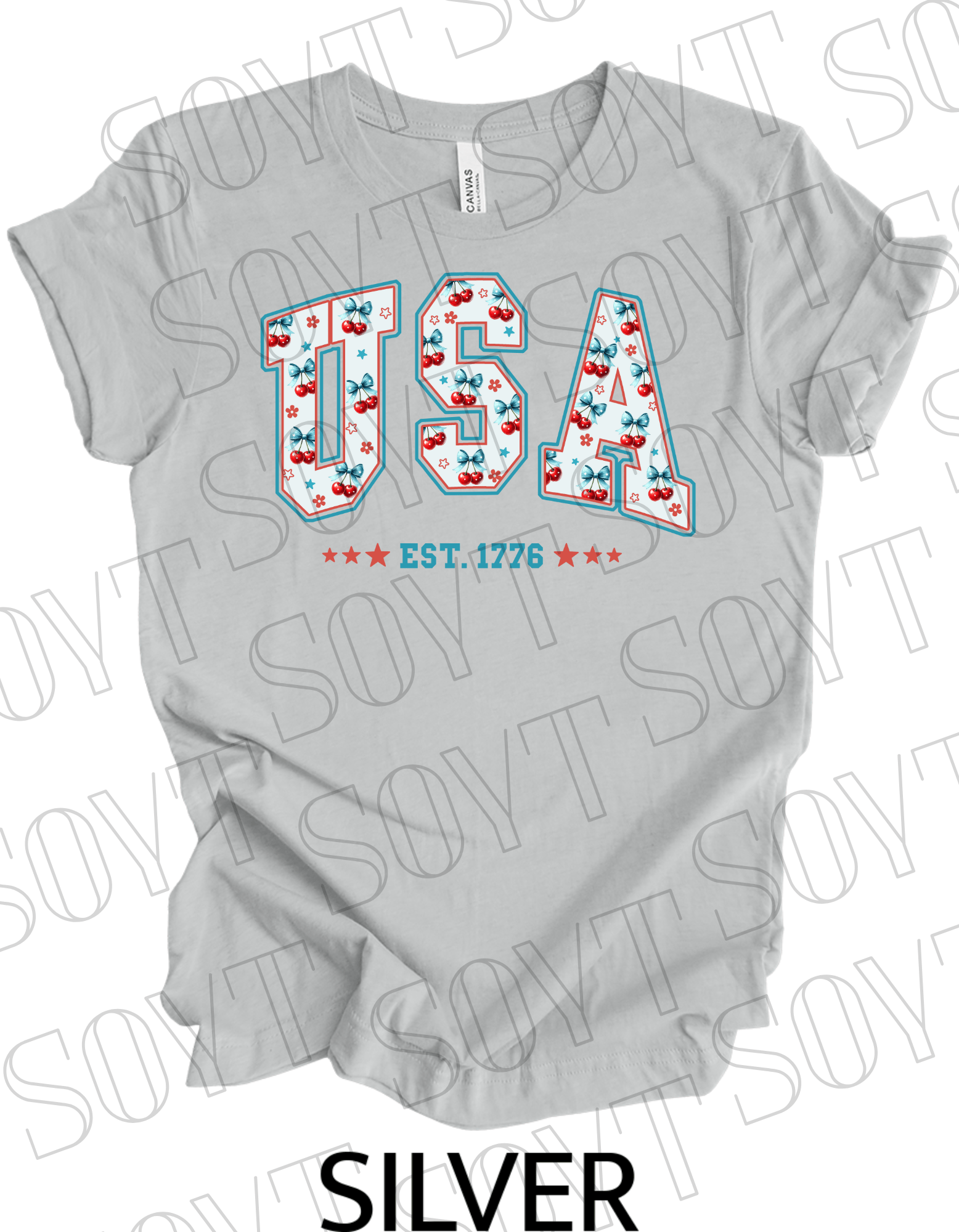 USA Cherry Bow T-Shirt – Bella+Canvas Retro Patriotic Tee - Festive Apparel StoreSilver