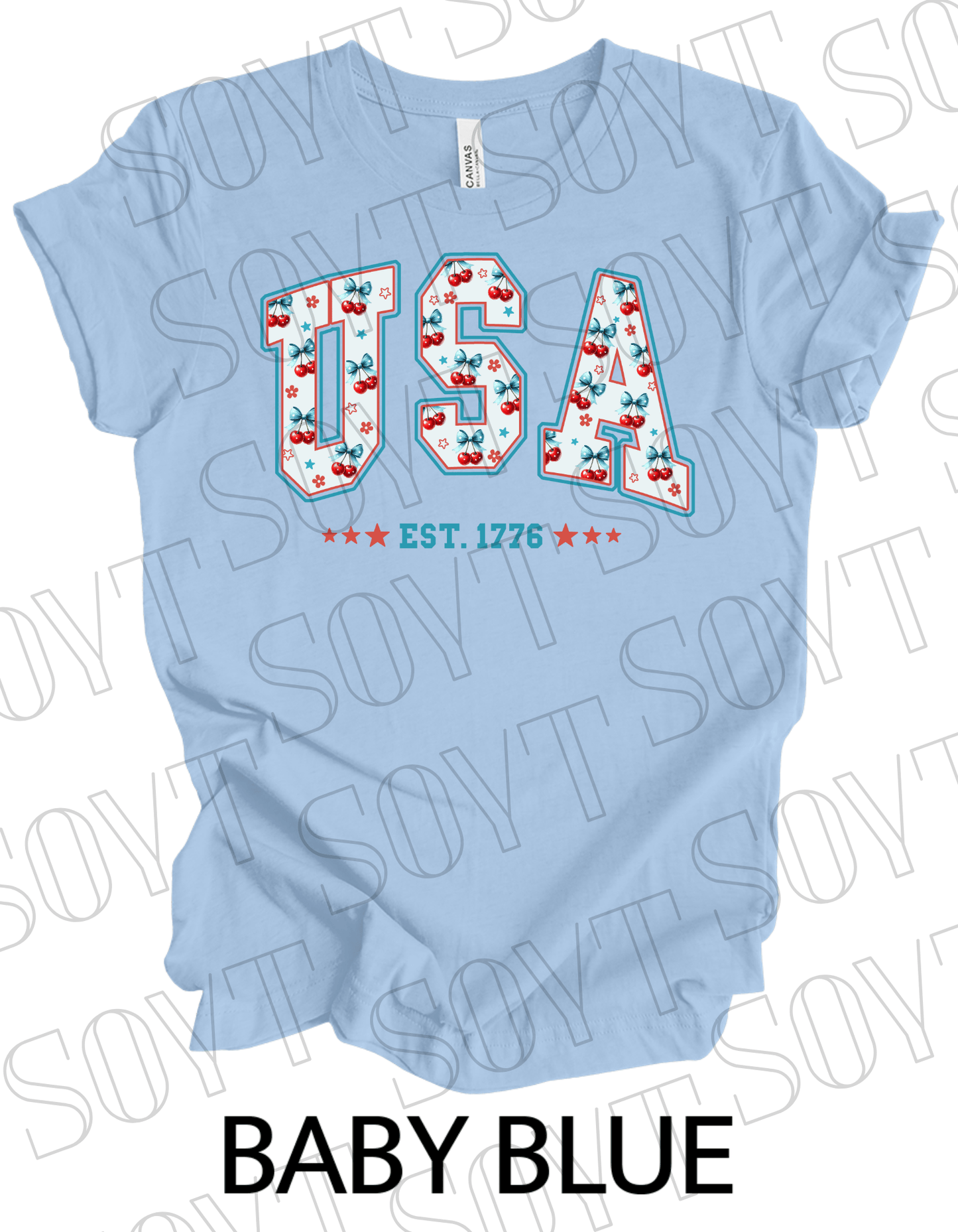 USA Cherry Bow T-Shirt – Bella+Canvas Retro Patriotic Tee - Festive Apparel StoreBaby Blue