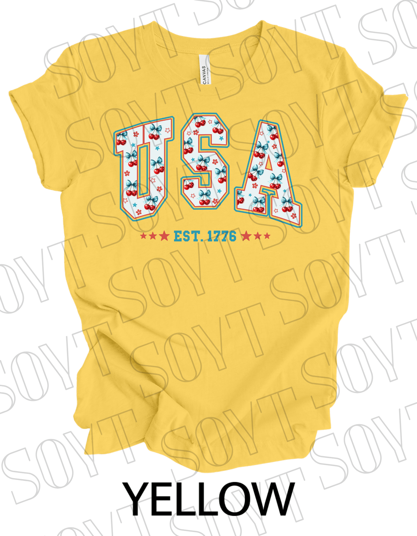 USA Cherry Bow T-Shirt – Bella+Canvas Retro Patriotic Tee - Festive Apparel StoreYellow