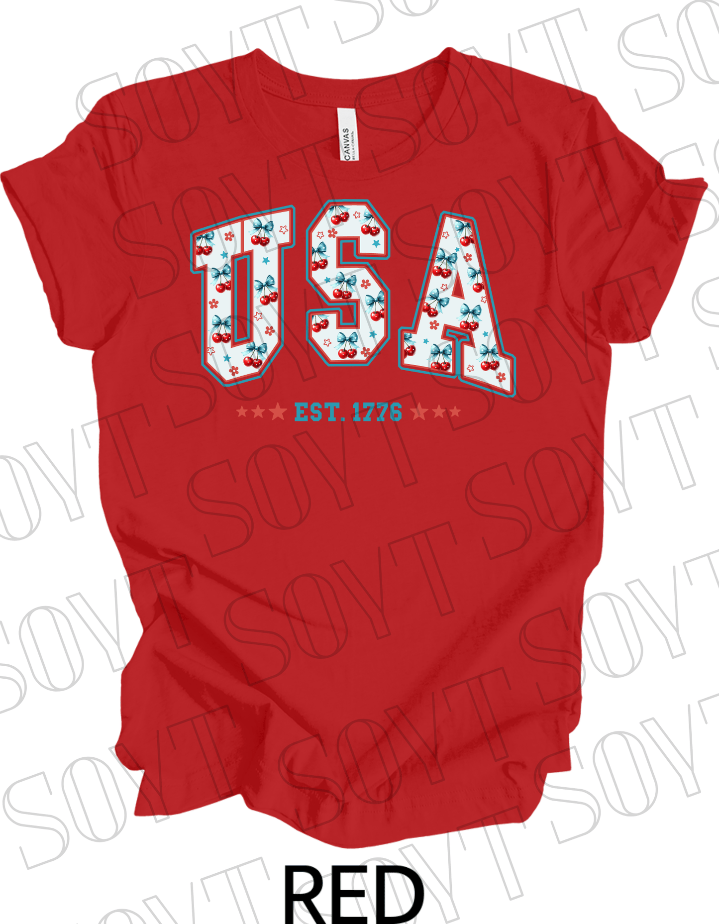 USA Cherry Bow T-Shirt – Bella+Canvas Retro Patriotic Tee - Festive Apparel StoreRed