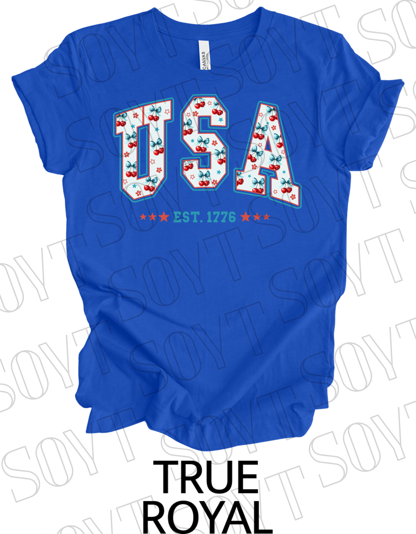 USA Cherry Bow T-Shirt – Bella+Canvas Retro Patriotic Tee - Festive Apparel StoreRoyal Blue