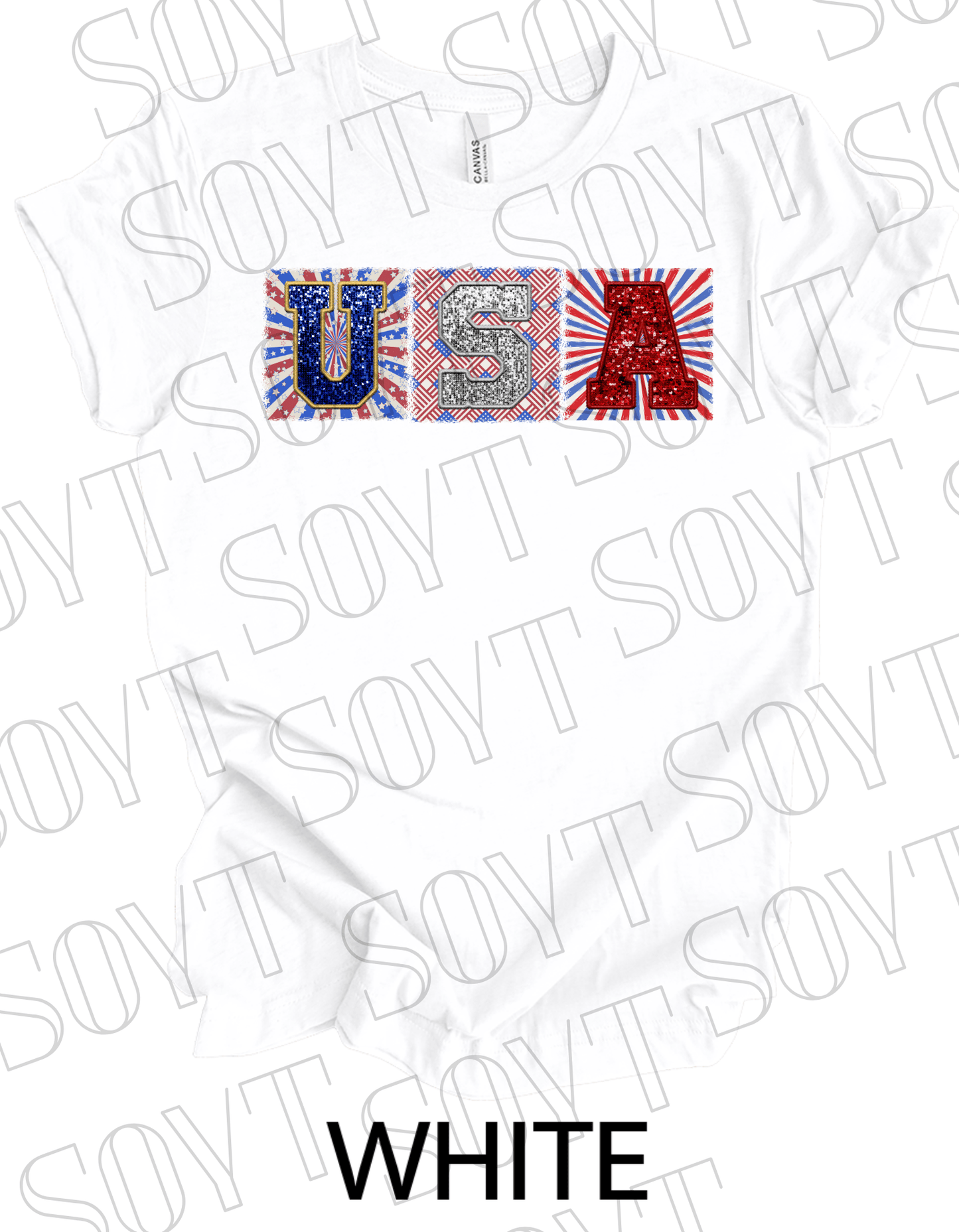 USA Glitter Block T-Shirt – Bella+Canvas Patriotic Squares Tee - Festive Apparel StoreWhite