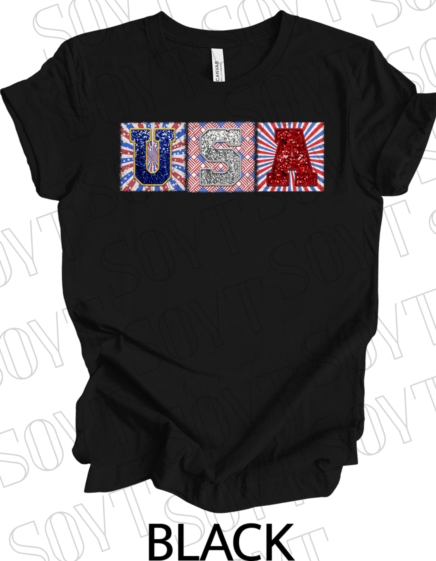 USA Glitter Block T-Shirt – Bella+Canvas Patriotic Squares Tee - Festive Apparel StoreBlack