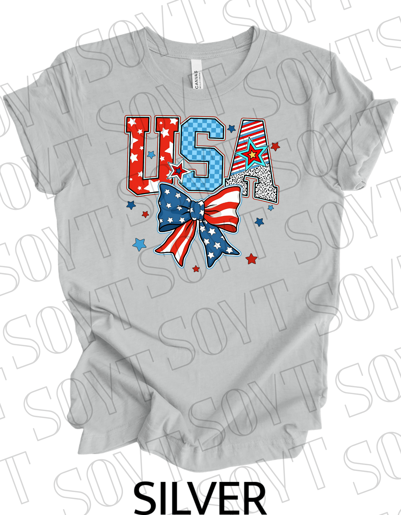 USA Patch Letter T-Shirt – Bella+Canvas Patriotic Bow Graphic Tee - Festive Apparel StoreSilver