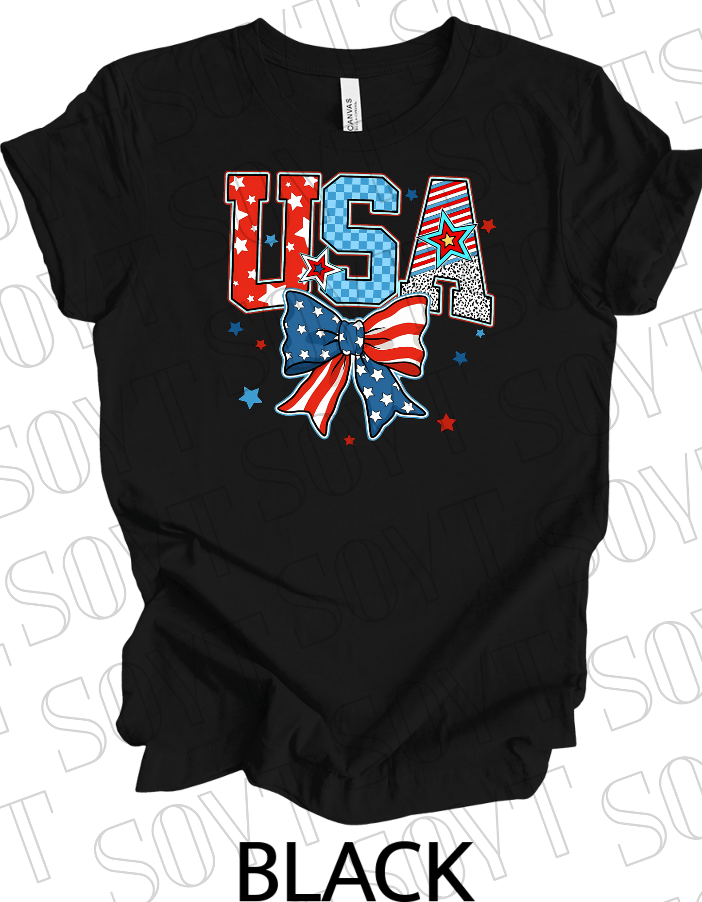 USA Patch Letter T-Shirt – Bella+Canvas Patriotic Bow Graphic Tee - Festive Apparel StoreBlack