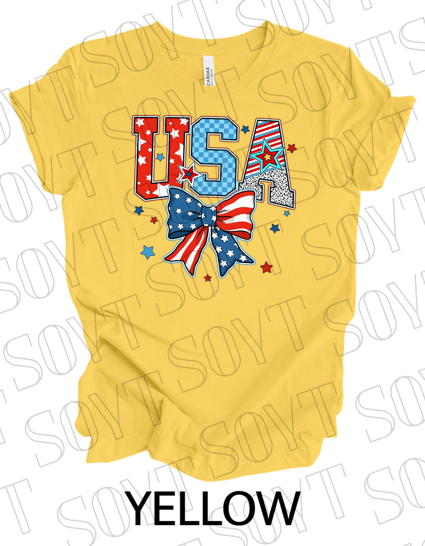 USA Patch Letter T-Shirt – Bella+Canvas Patriotic Bow Graphic Tee - Festive Apparel StoreYellow