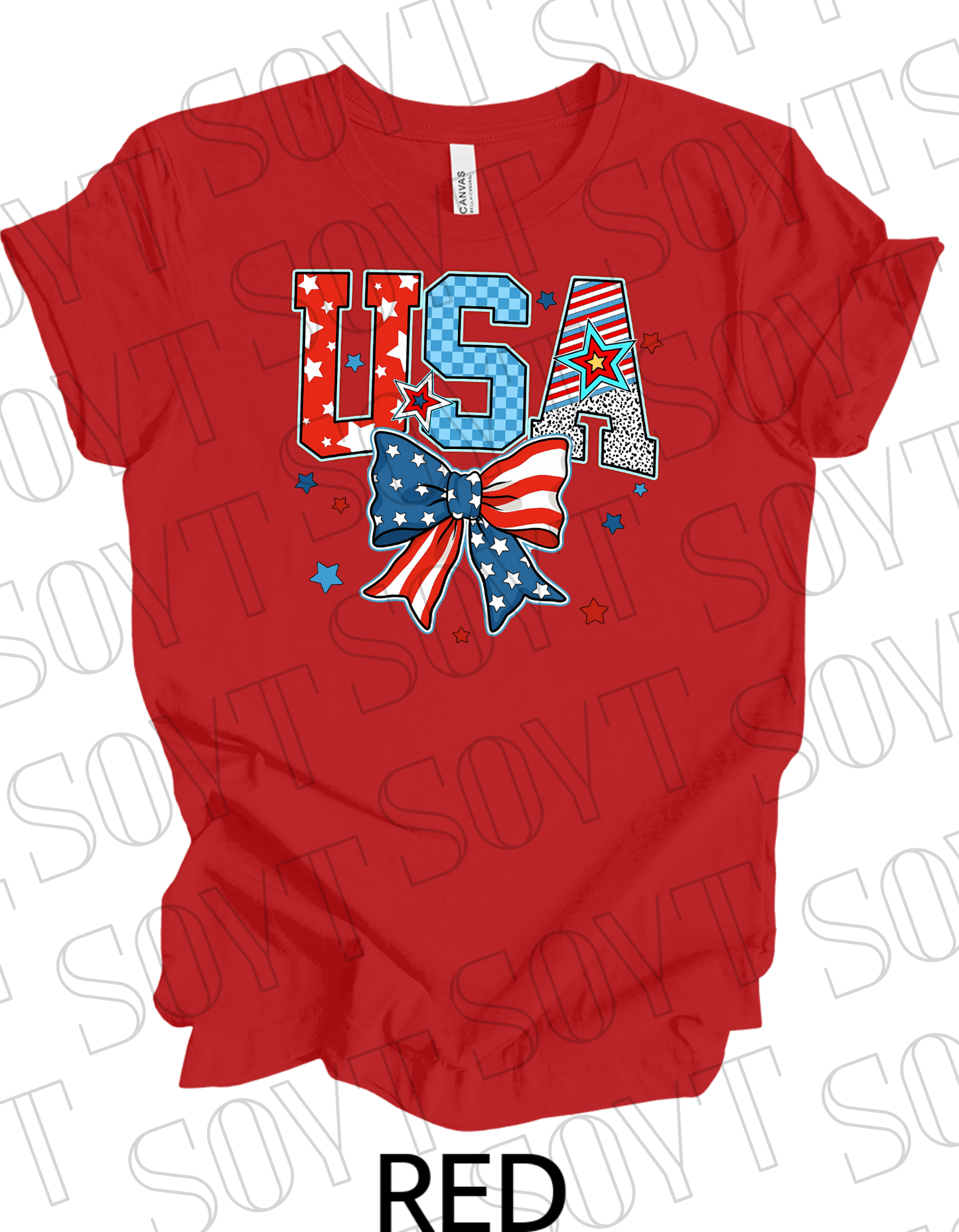 USA Patch Letter T-Shirt – Bella+Canvas Patriotic Bow Graphic Tee - Festive Apparel StoreRed