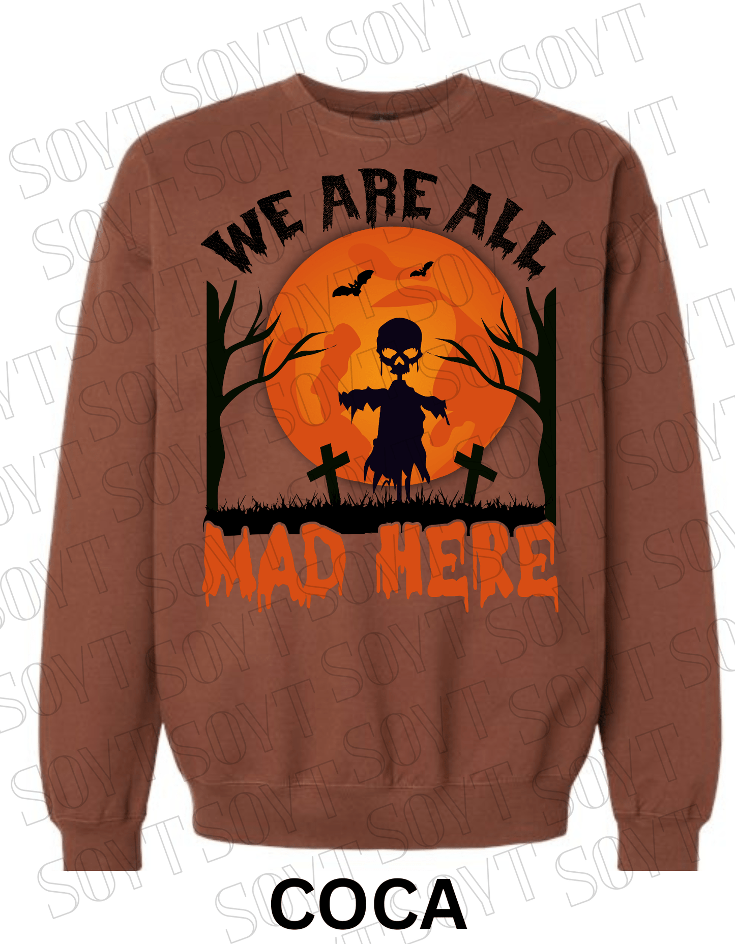 "We Are All Mad Here" Halloween Sweatshirt – Scarecrow Skull & Moon Graphic Pullover - Festive Apparel StoreCocoa Brown