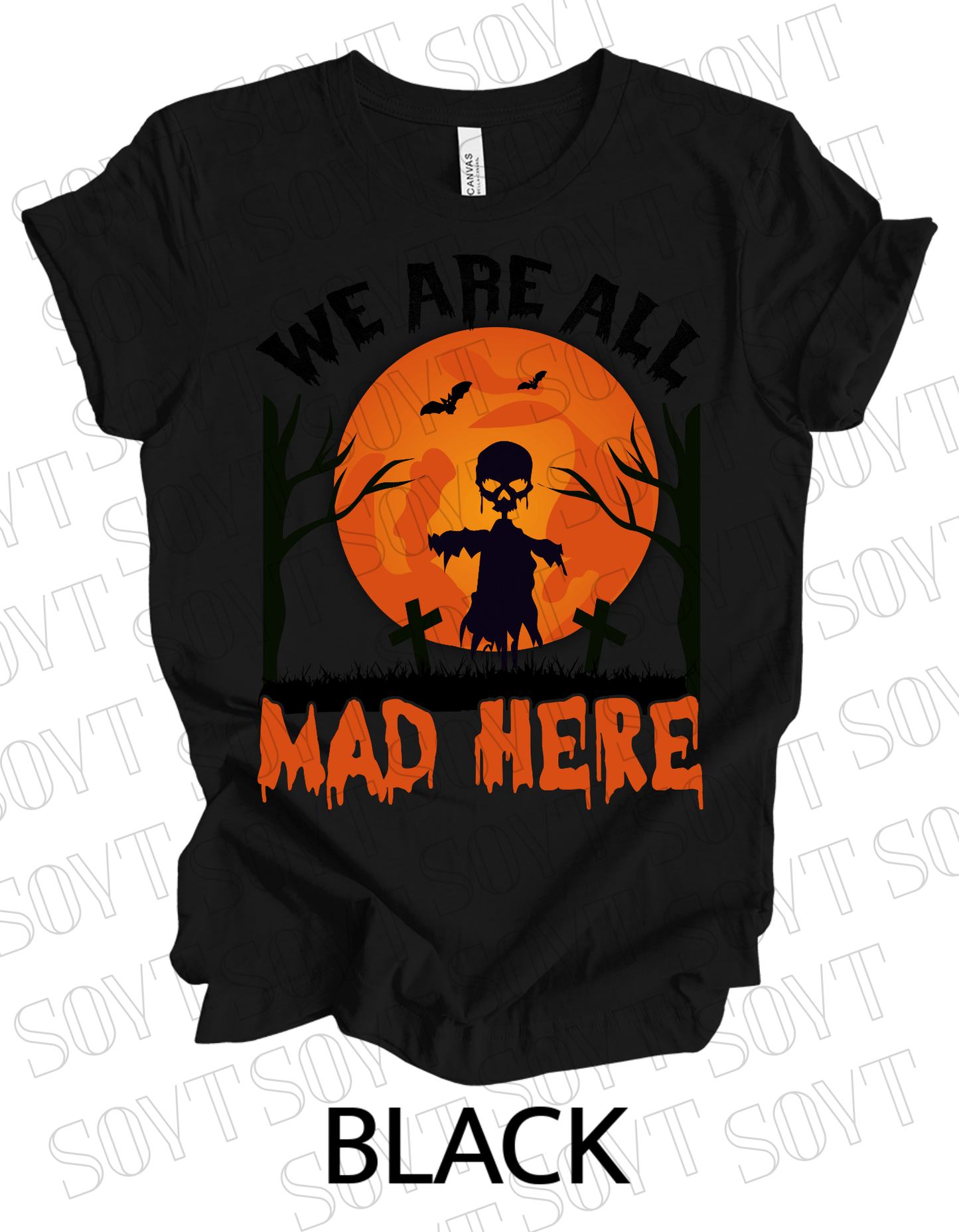 "We Are All Mad Here" Halloween T-Shirt – Scarecrow Skull & Orange Moon Gothic Tee - Festive Apparel StoreBlack