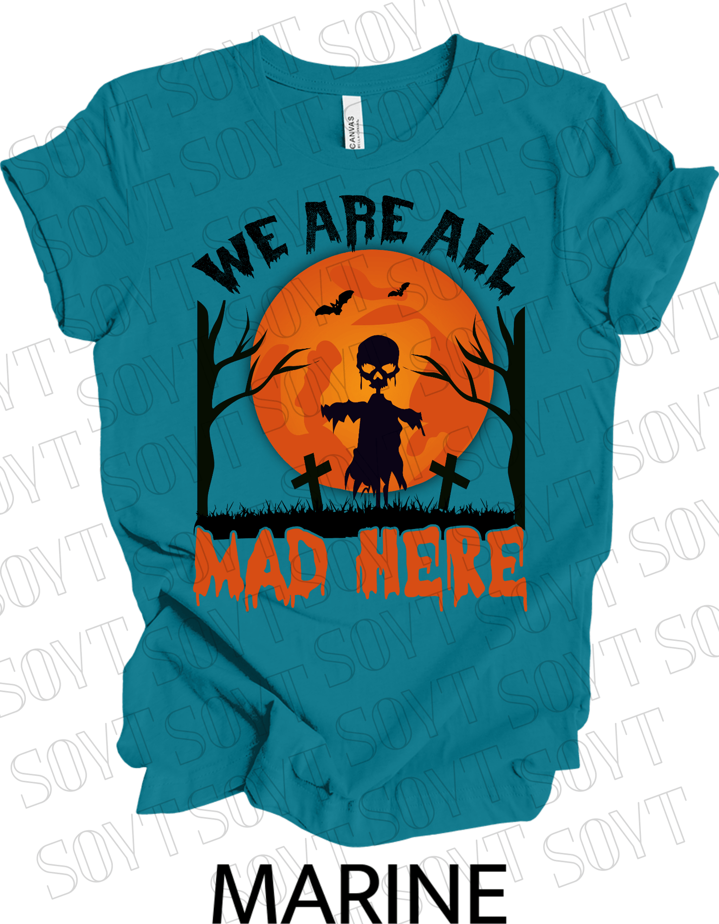 "We Are All Mad Here" Halloween T-Shirt – Scarecrow Skull & Orange Moon Gothic Tee - Festive Apparel StoreMarine