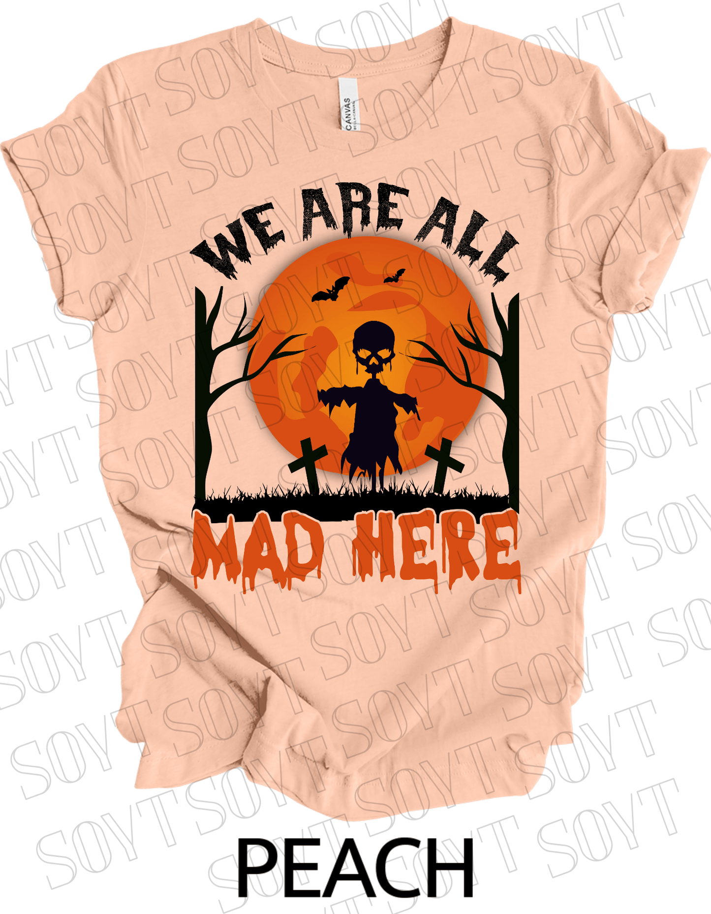 "We Are All Mad Here" Halloween T-Shirt – Scarecrow Skull & Orange Moon Gothic Tee - Festive Apparel StorePeach
