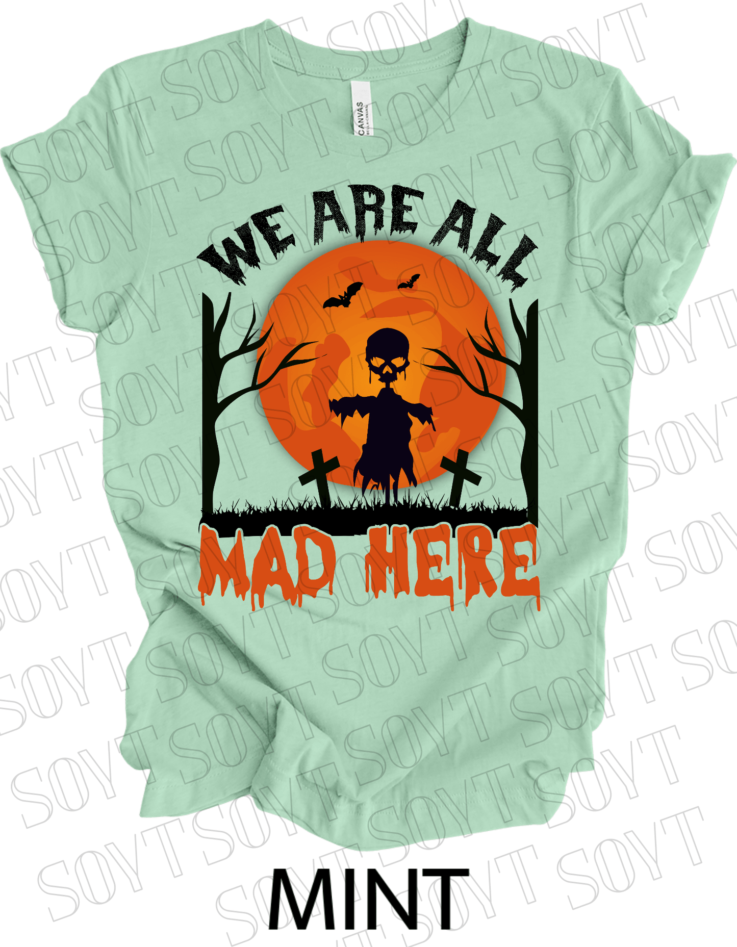 "We Are All Mad Here" Halloween T-Shirt – Scarecrow Skull & Orange Moon Gothic Tee - Festive Apparel StoreMint