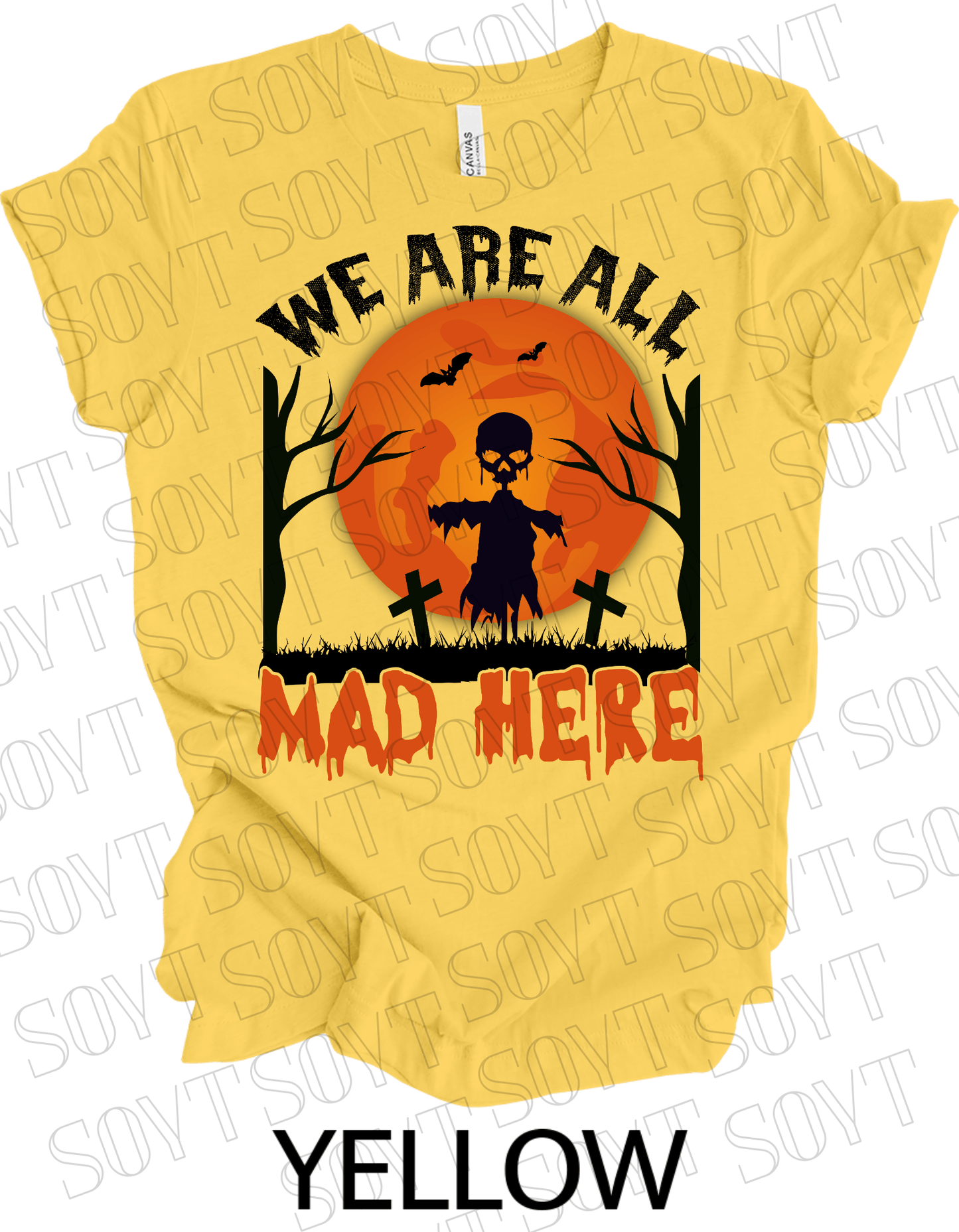 "We Are All Mad Here" Halloween T-Shirt – Scarecrow Skull & Orange Moon Gothic Tee - Festive Apparel StoreYellow