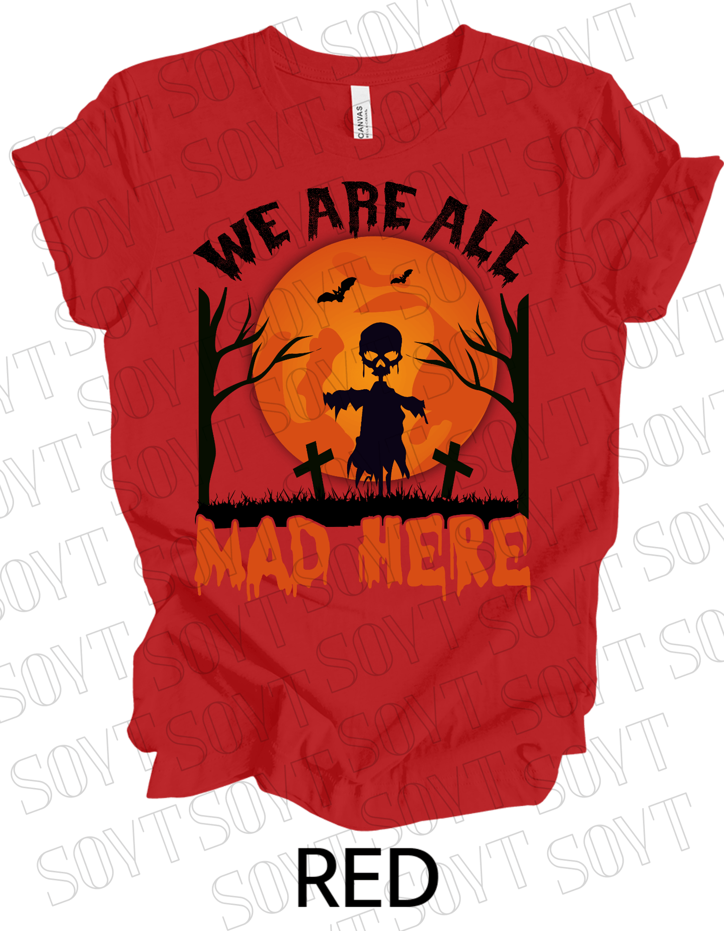 "We Are All Mad Here" Halloween T-Shirt – Scarecrow Skull & Orange Moon Gothic Tee - Festive Apparel StoreRed