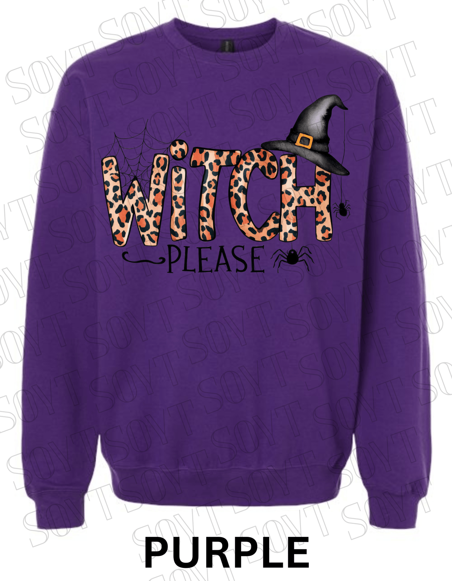 Witch, Please Halloween Sweatshirt – Leopard Print Letters, Spider Web & Witch Hat Pullover - Festive Apparel StorePurple
