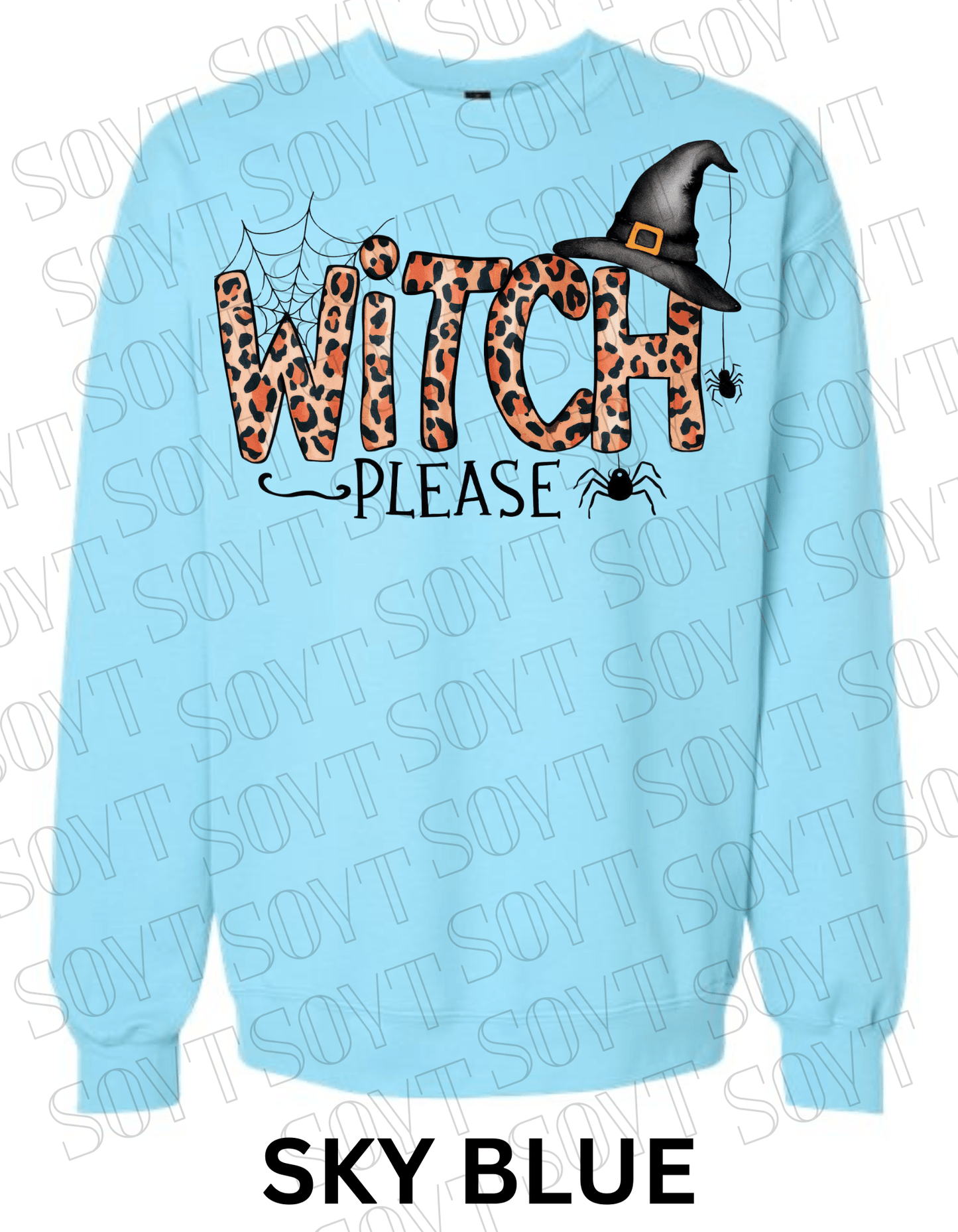 Witch, Please Halloween Sweatshirt – Leopard Print Letters, Spider Web & Witch Hat Pullover - Festive Apparel StoreSky Blue