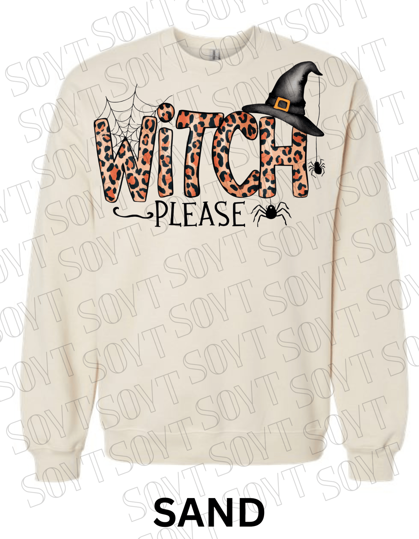 Witch, Please Halloween Sweatshirt – Leopard Print Letters, Spider Web & Witch Hat Pullover - Festive Apparel StoreSand