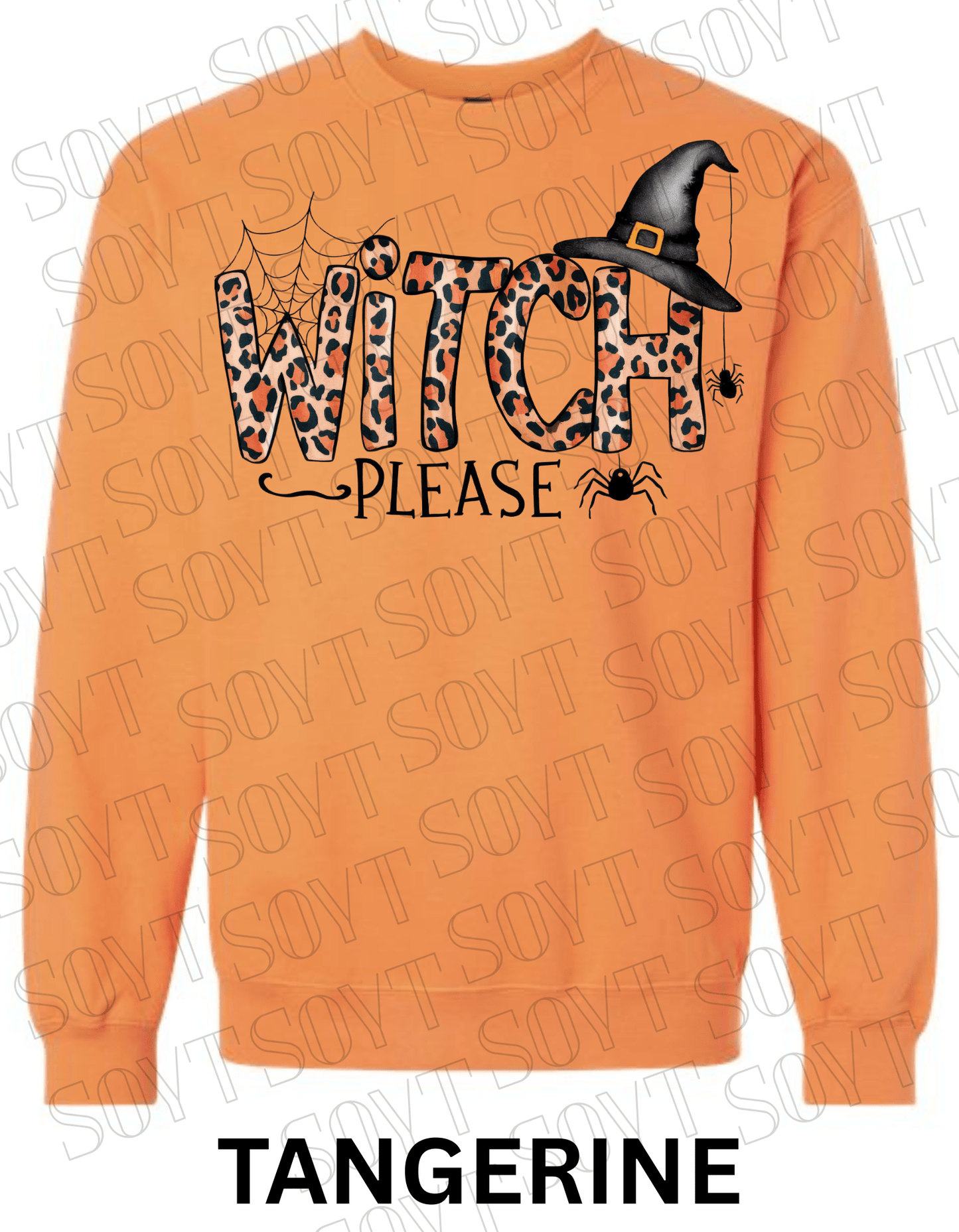 Witch, Please Halloween Sweatshirt – Leopard Print Letters, Spider Web & Witch Hat Pullover - Festive Apparel StoreTangerine