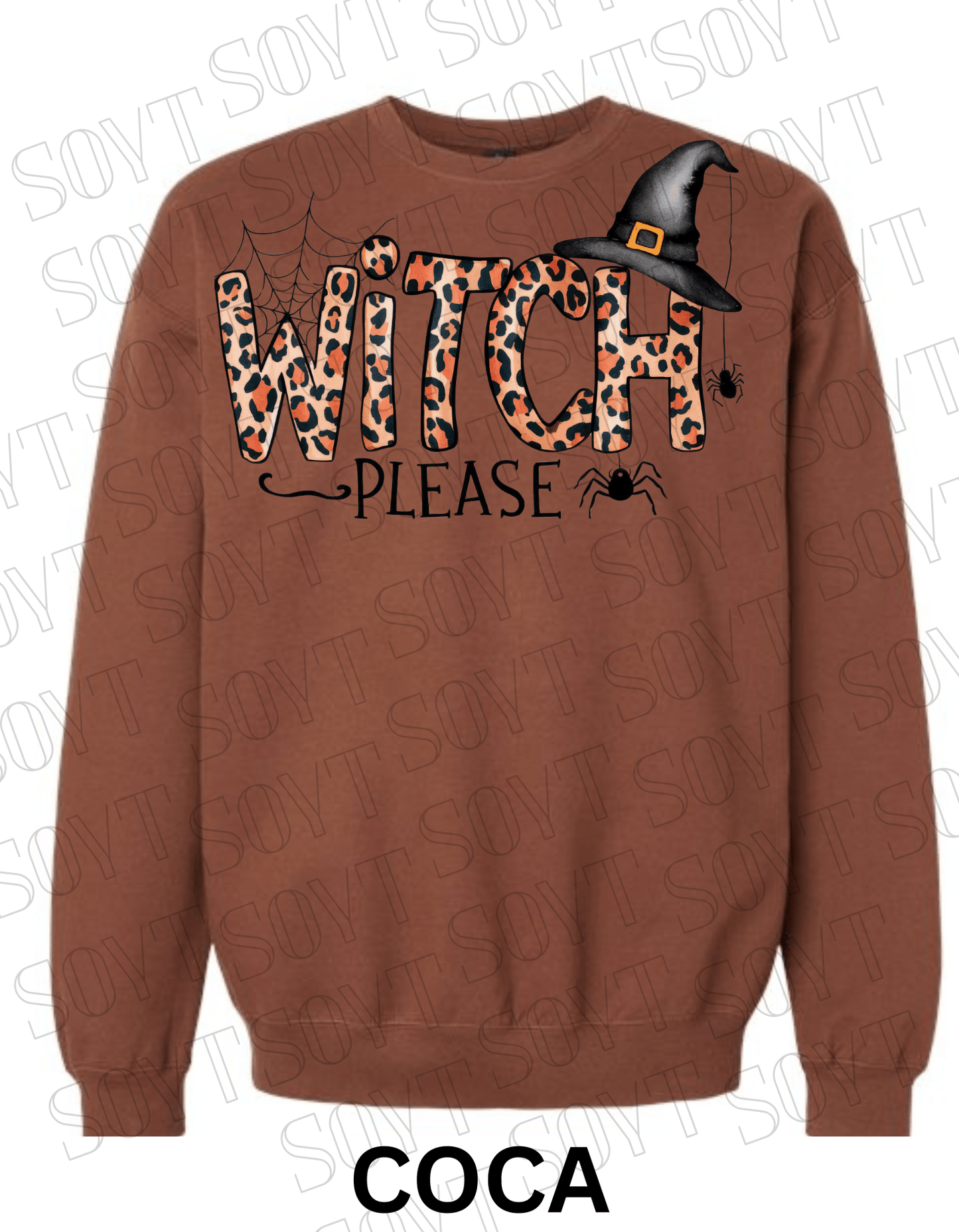 Witch, Please Halloween Sweatshirt – Leopard Print Letters, Spider Web & Witch Hat Pullover - Festive Apparel StoreCocoa Brown