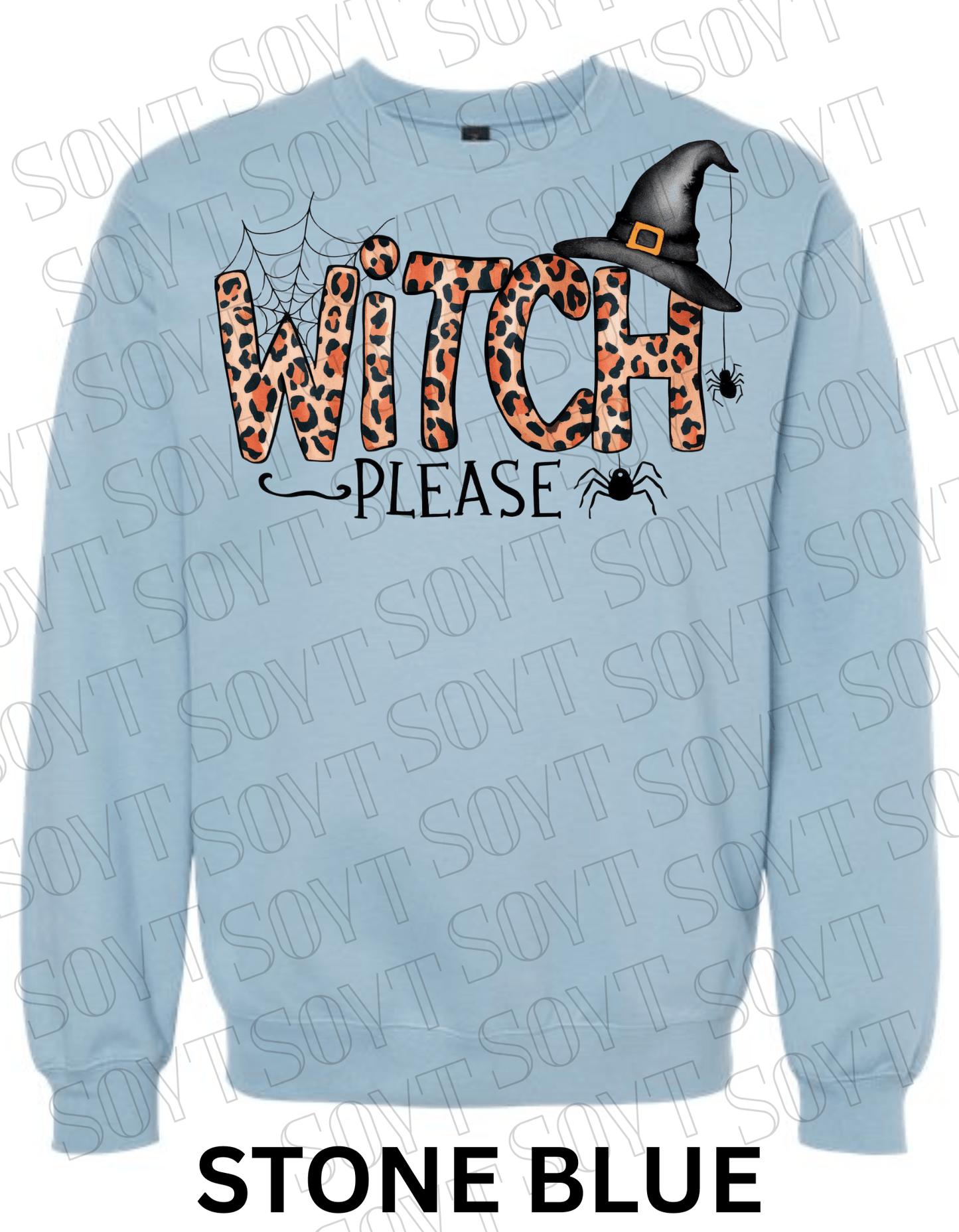 Witch, Please Halloween Sweatshirt – Leopard Print Letters, Spider Web & Witch Hat Pullover - Festive Apparel StoreStone Blue