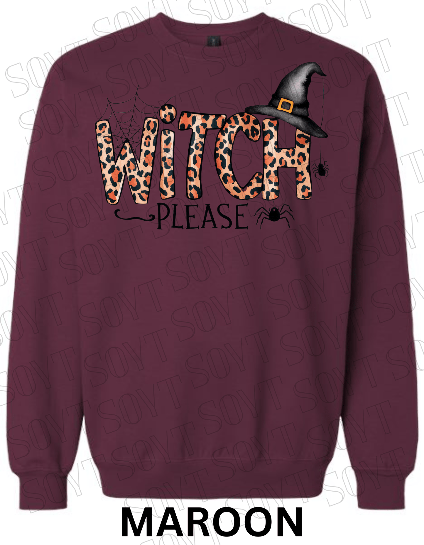 Witch, Please Halloween Sweatshirt – Leopard Print Letters, Spider Web & Witch Hat Pullover - Festive Apparel StoreMaroon